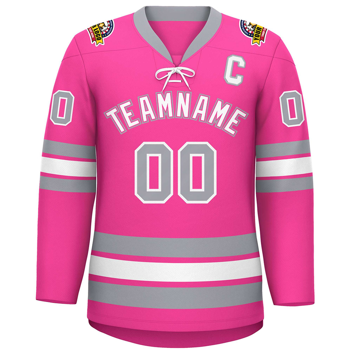 Custom Pink White-Gray Lace-Up Neck Hockey Jersey | KXKSHOP