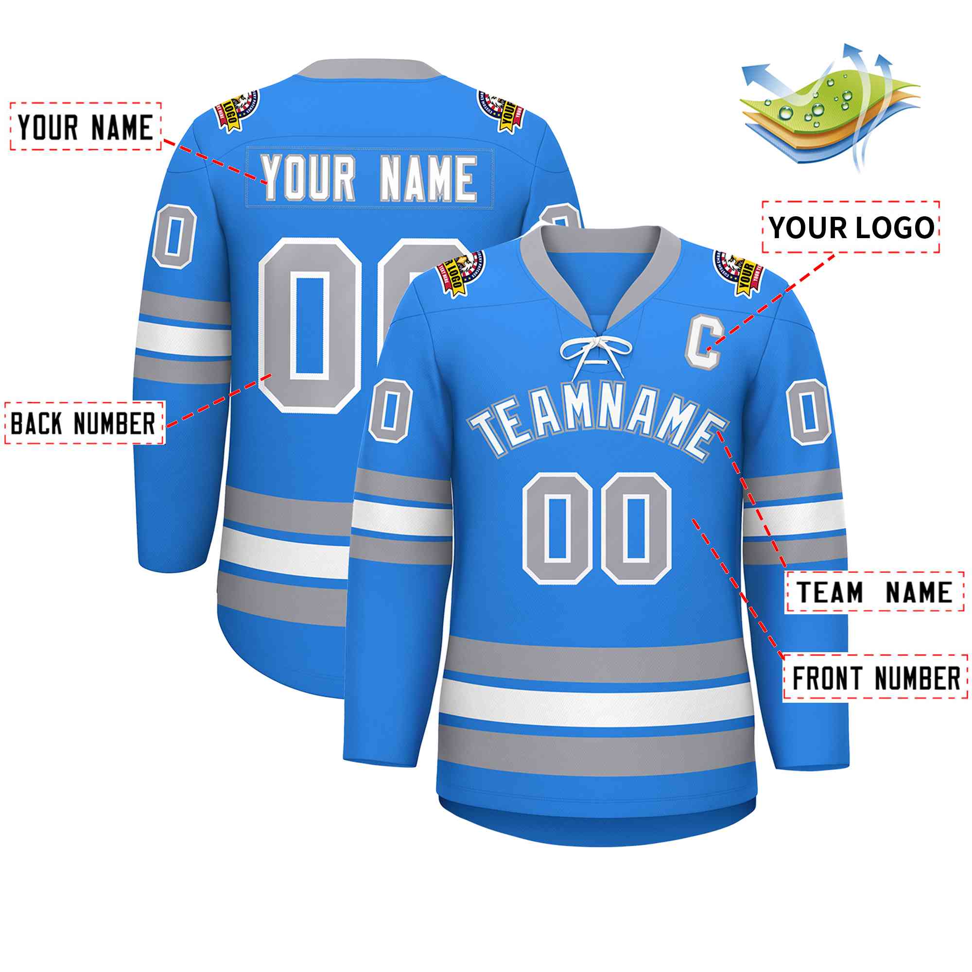 Custom Powder Blue White-Gray Lace-Up Neck Hockey Jersey | KXKSHOP