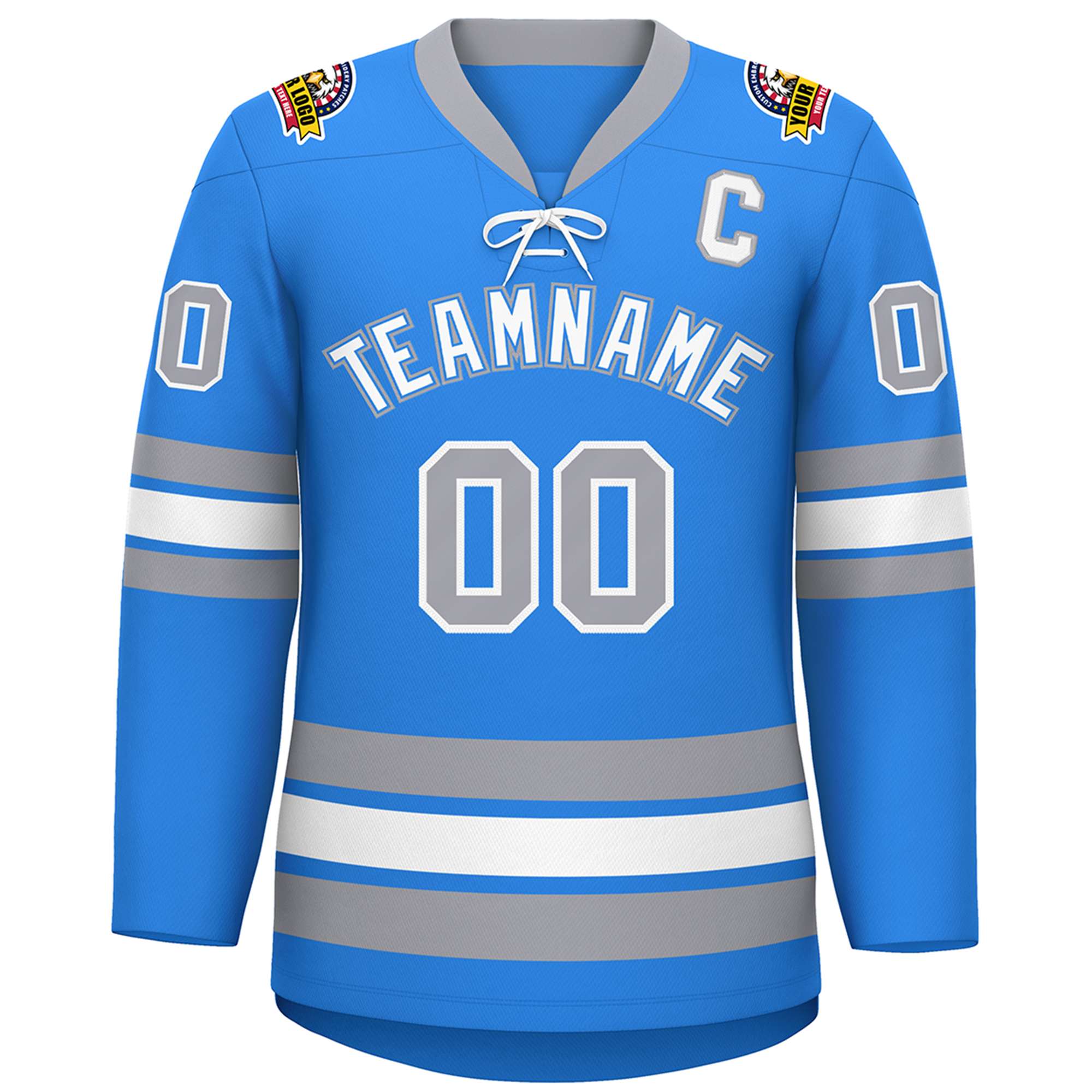 Custom Powder Blue White-Gray Lace-Up Neck Hockey Jersey | KXKSHOP