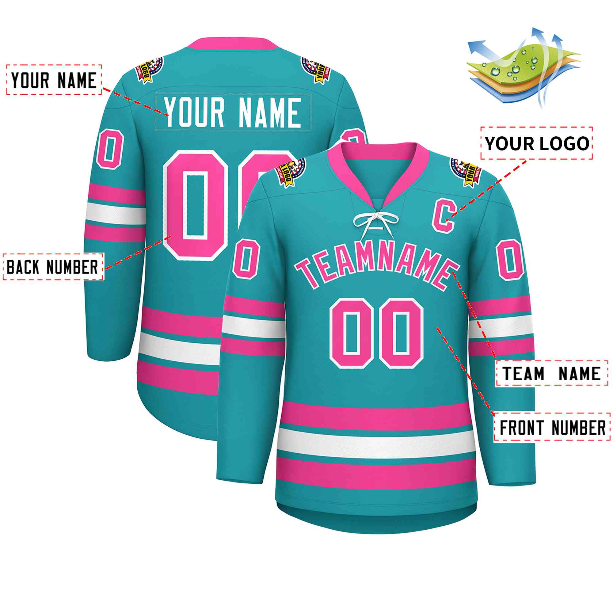 Custom Aqua Pink-White Lace-Up Neck Hockey Jersey | KXKSHOP