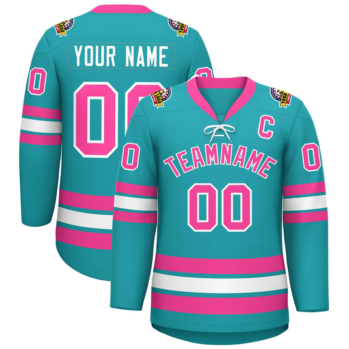 Custom Aqua Pink-White Lace-Up Neck Hockey Jersey | KXKSHOP