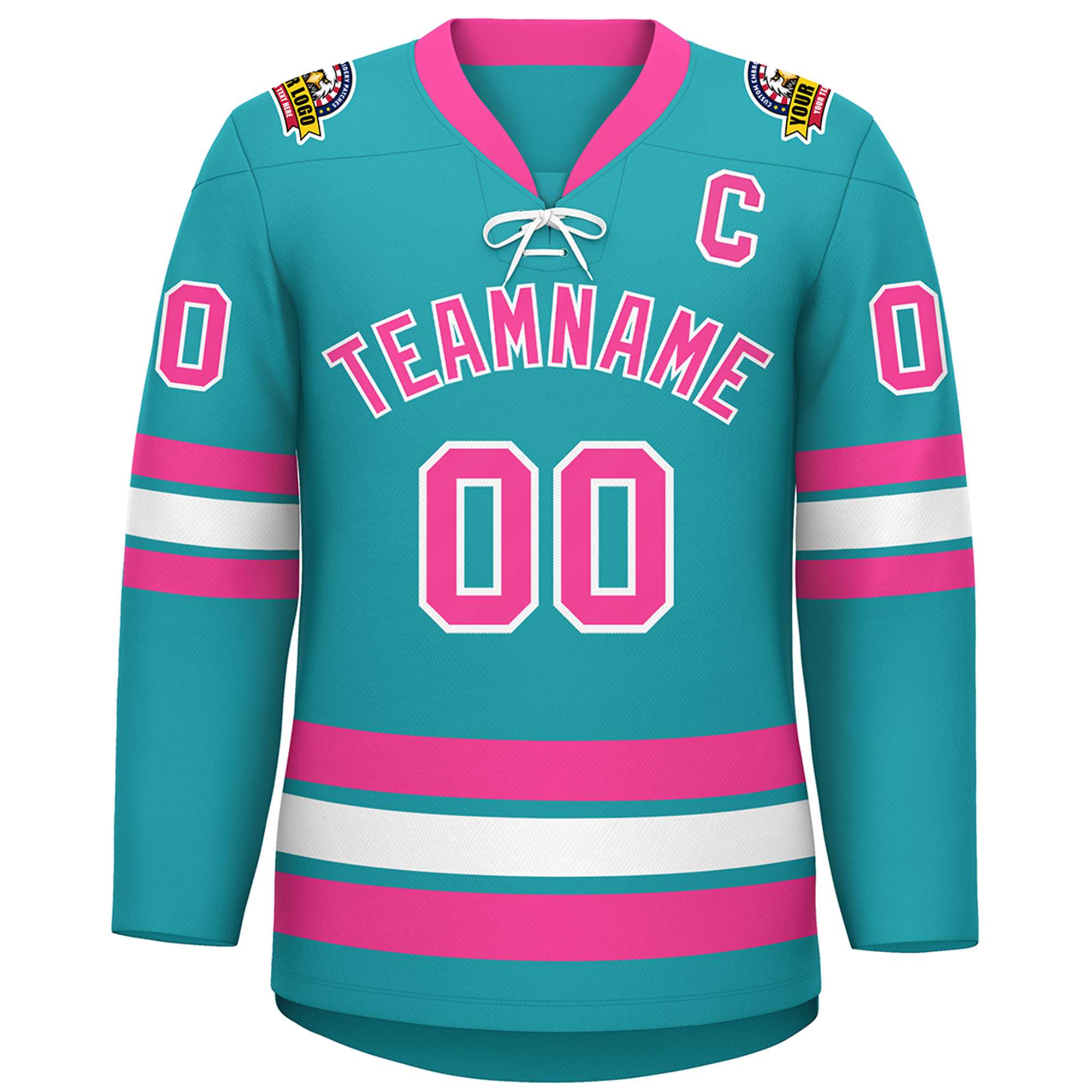 Custom Aqua Pink-White Lace-Up Neck Hockey Jersey | KXKSHOP