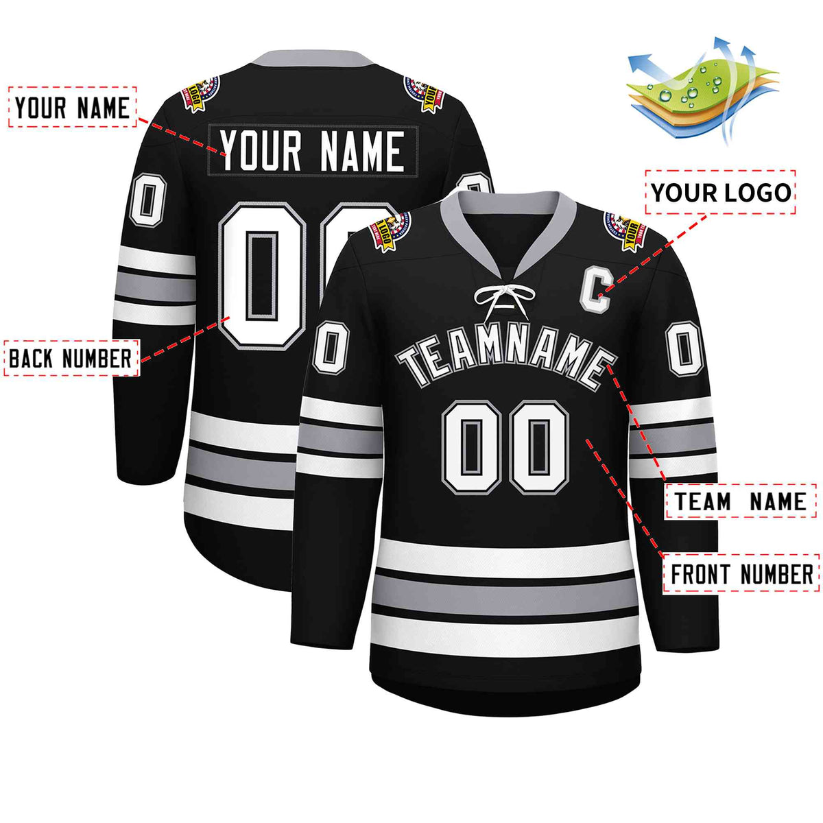 Custom Black White-Gray Lace-Up Neck Hockey Jersey | KXKSHOP