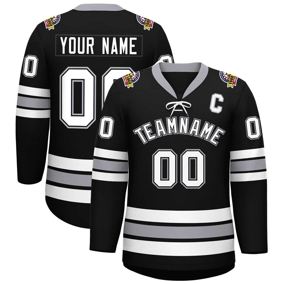 Custom Black White-Gray Lace-Up Neck Hockey Jersey | KXKSHOP