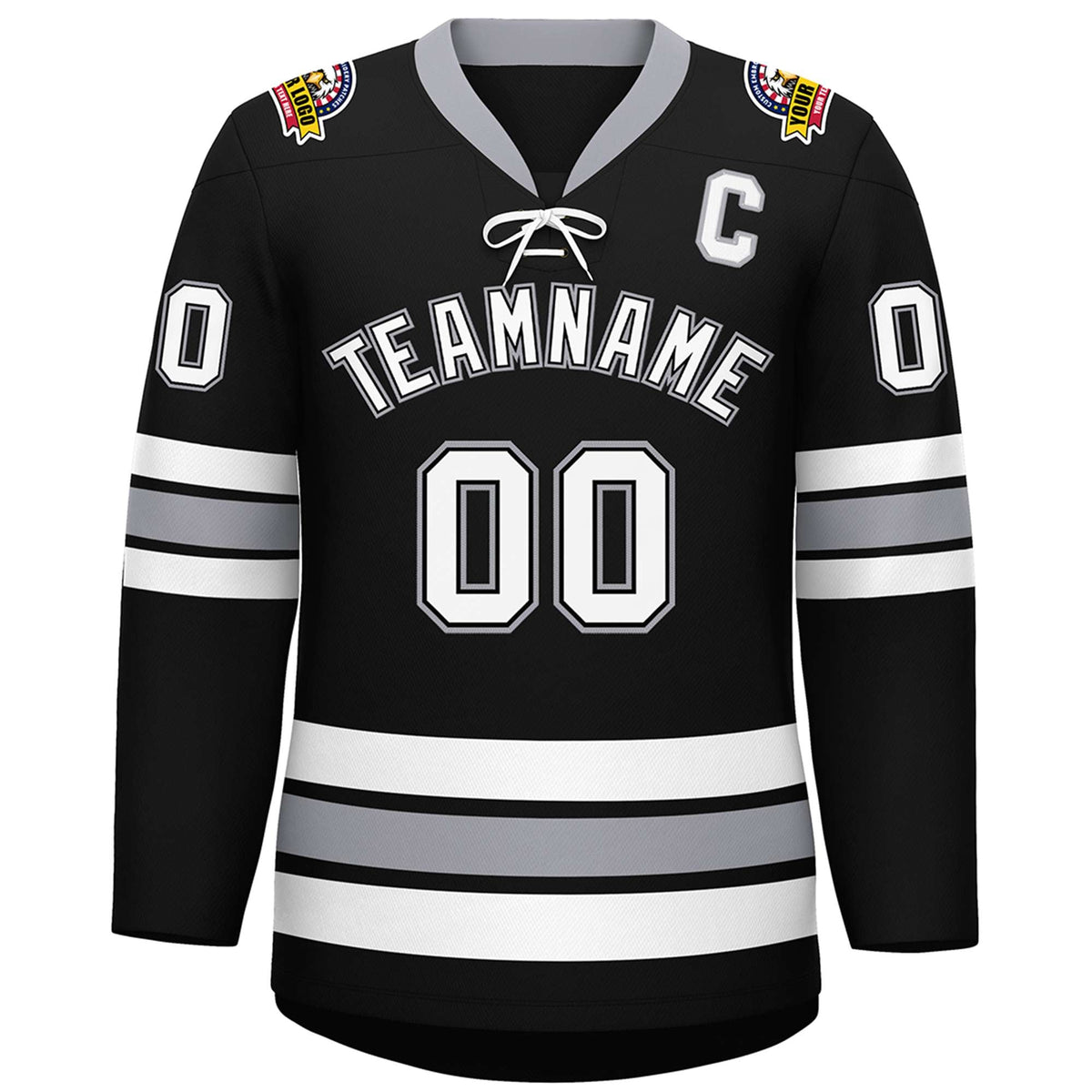 Custom Black White-Gray Lace-Up Neck Hockey Jersey | KXKSHOP