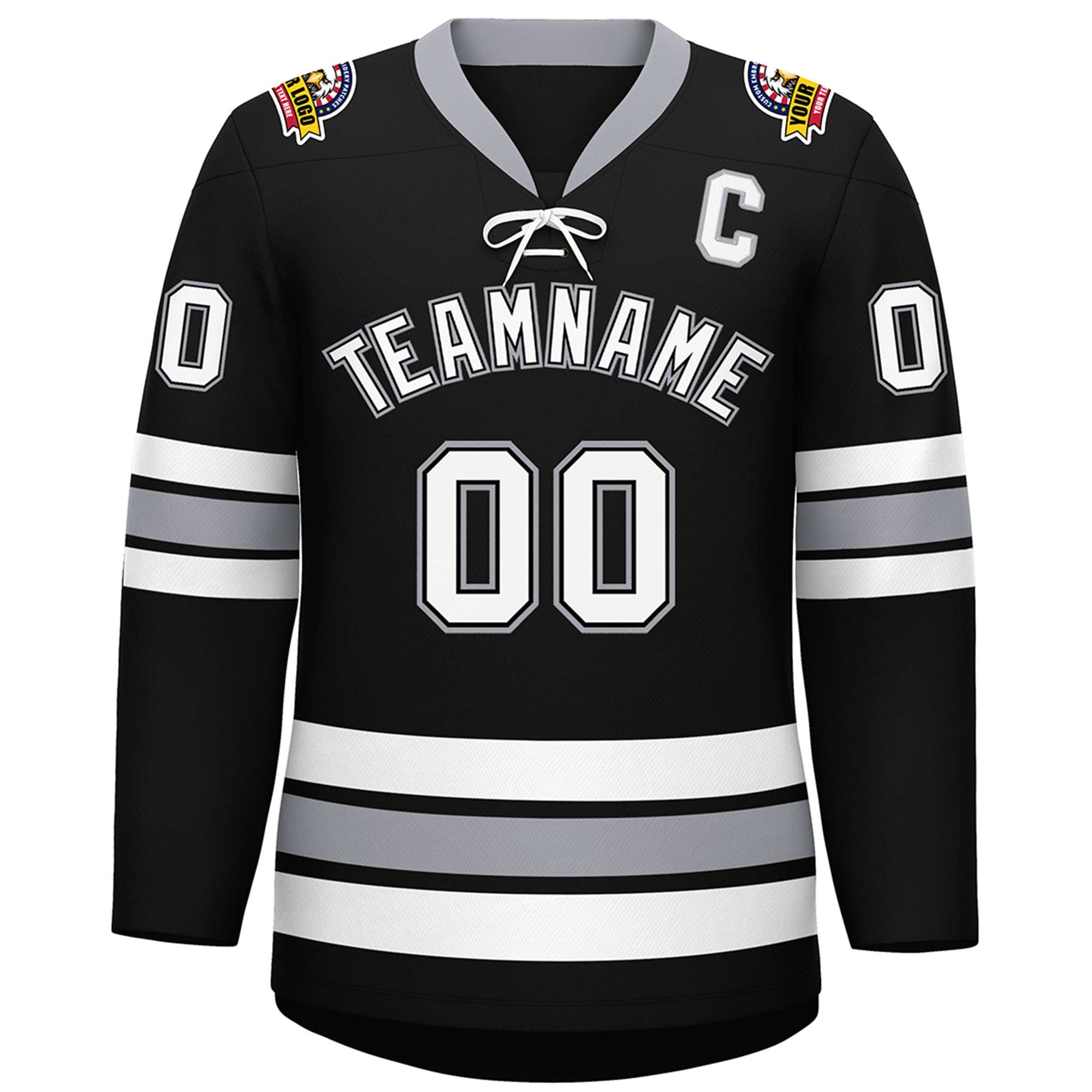 Custom Black White-Gray Lace-Up Neck Hockey Jersey | KXKSHOP