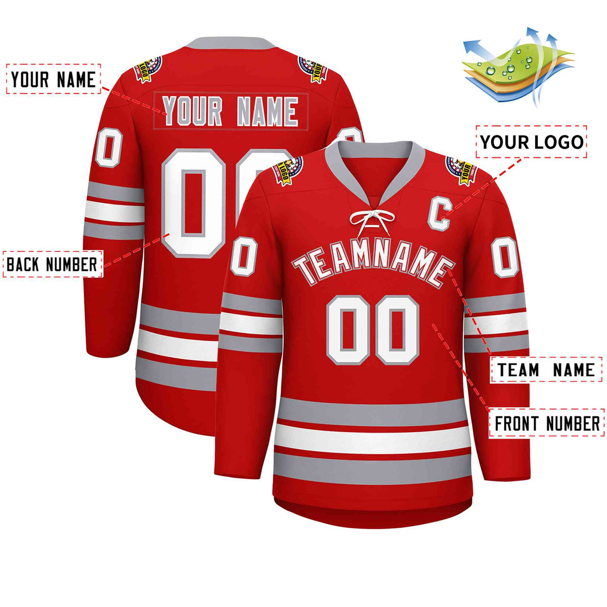 Custom Red White-Gray Lace-Up Neck Hockey Jersey | KXKSHOP