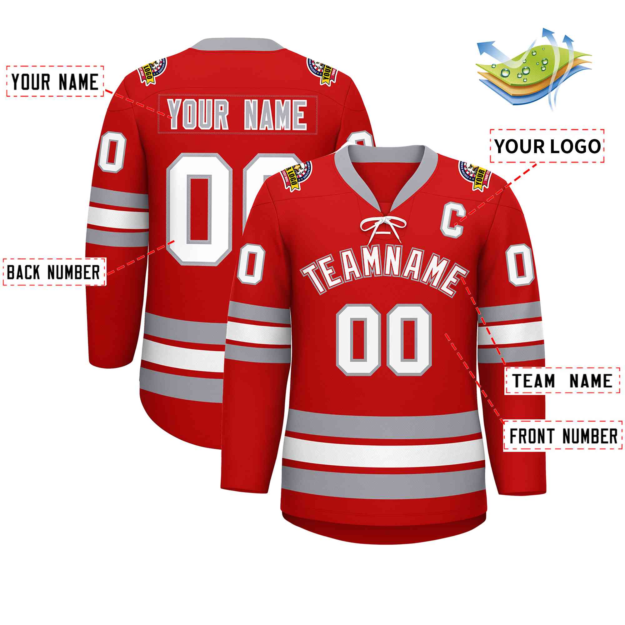 Custom Red White-Gray Lace-Up Neck Hockey Jersey | KXKSHOP
