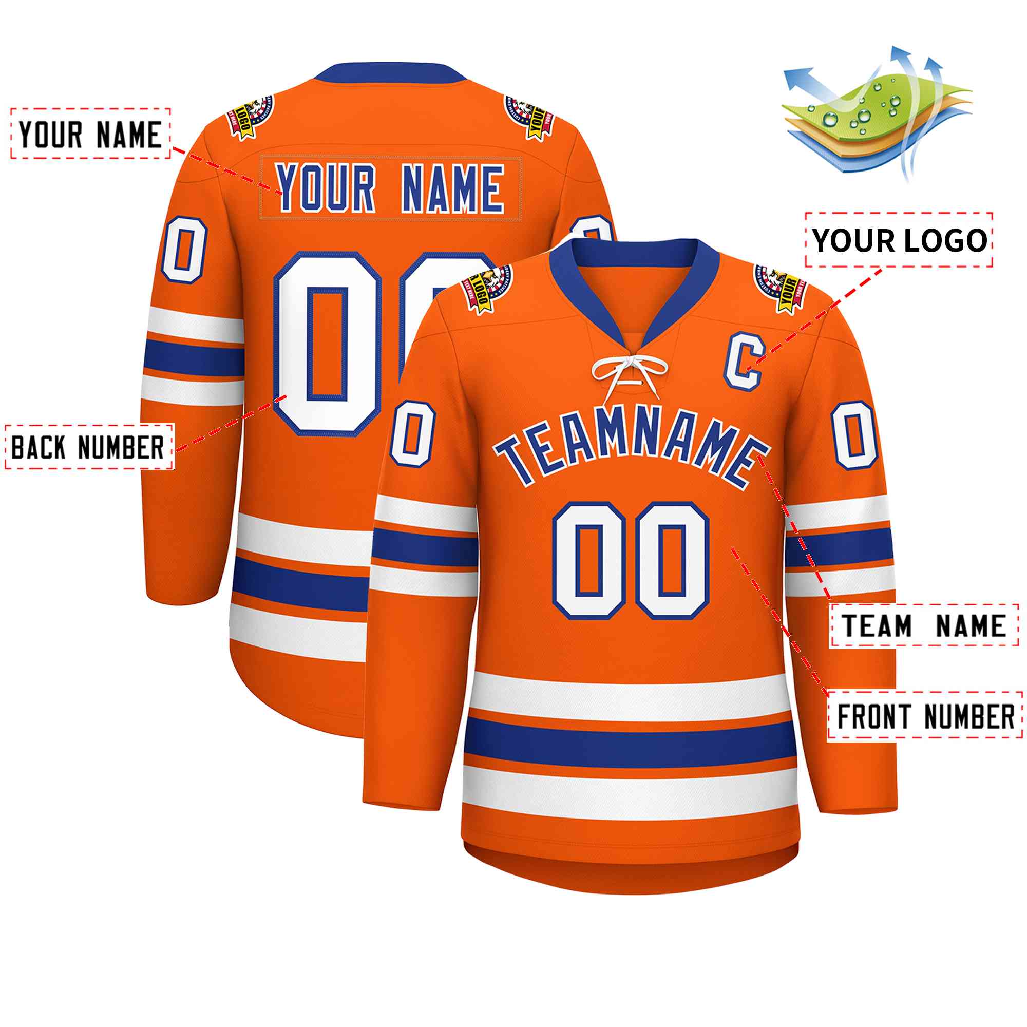 Custom Orange Royal-White Lace-Up Neck Hockey Jersey | KXKSHOP