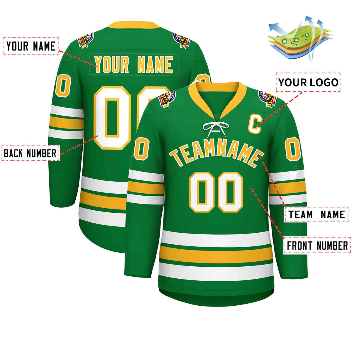 Custom Kelly Green Yellow-White Lace-Up Neck Hockey Jersey | KXKSHOP