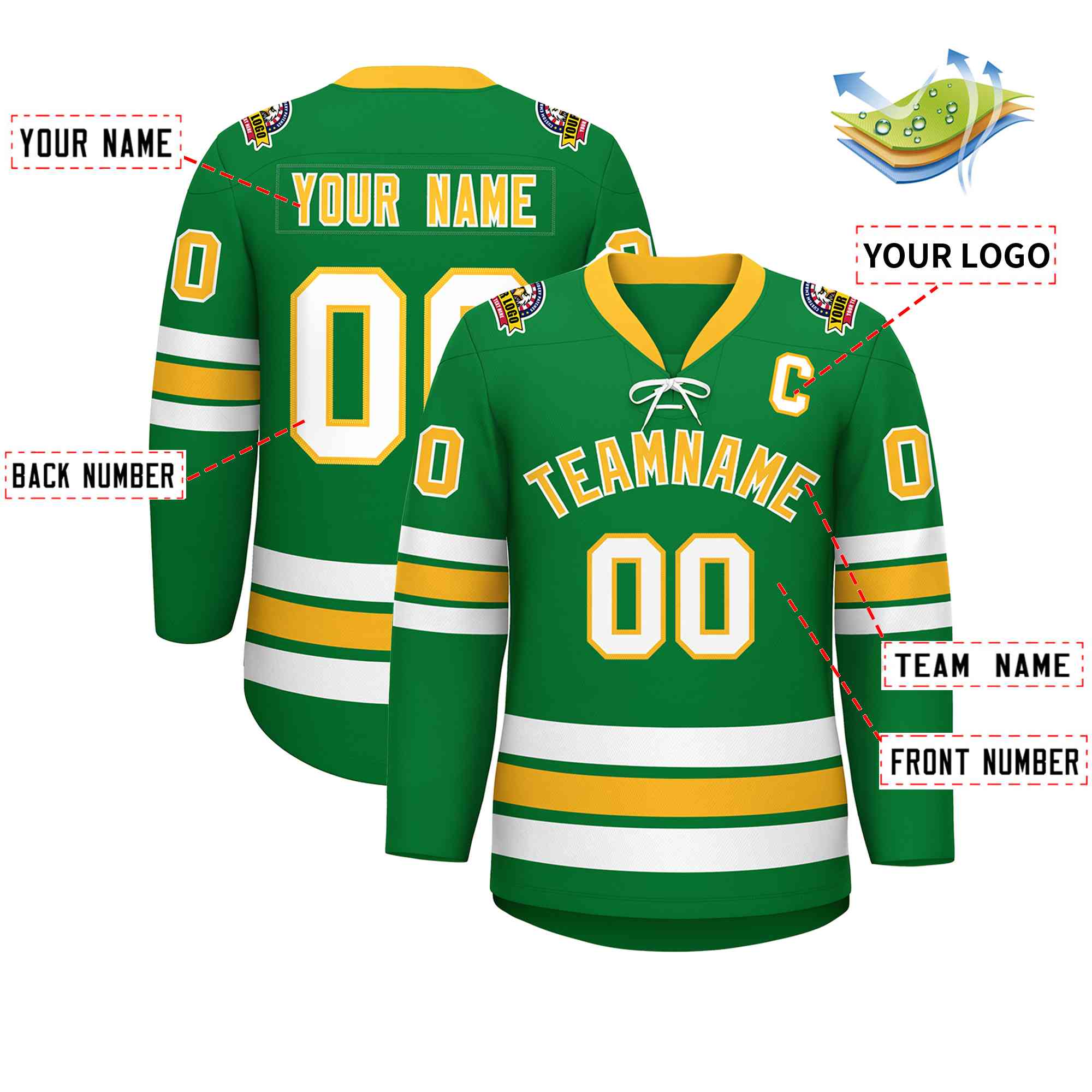 Custom Kelly Green Yellow-White Lace-Up Neck Hockey Jersey | KXKSHOP