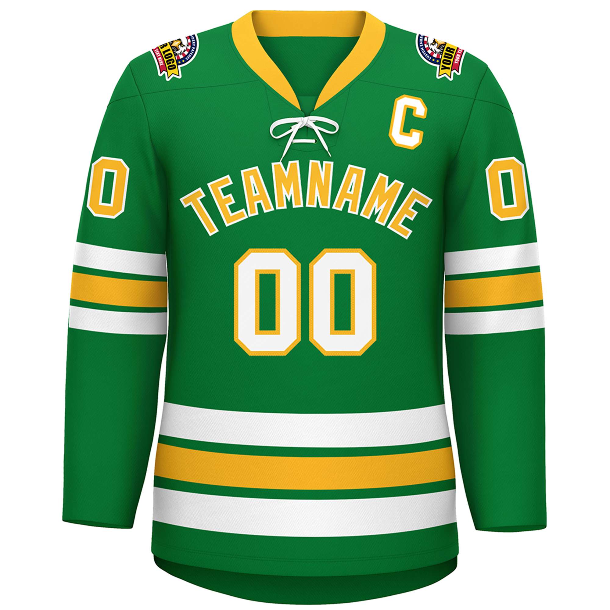 Custom Kelly Green Yellow-White Lace-Up Neck Hockey Jersey | KXKSHOP