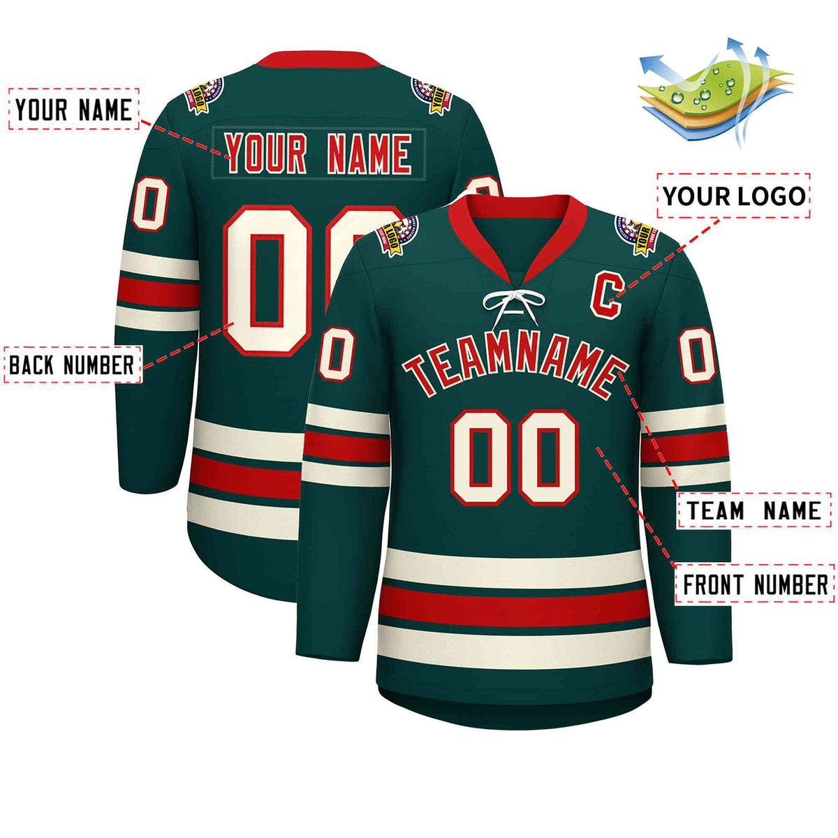 Custom Midnight Green Red-Cream Lace-Up Neck Hockey Jersey | KXKSHOP