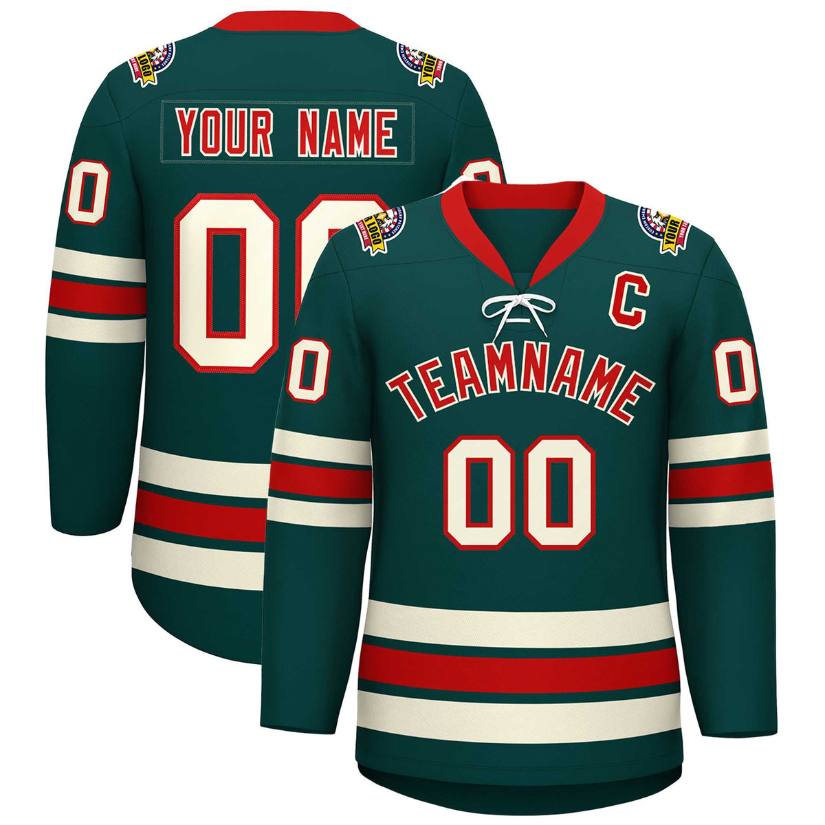Custom Midnight Green Red-Cream Lace-Up Neck Hockey Jersey | KXKSHOP
