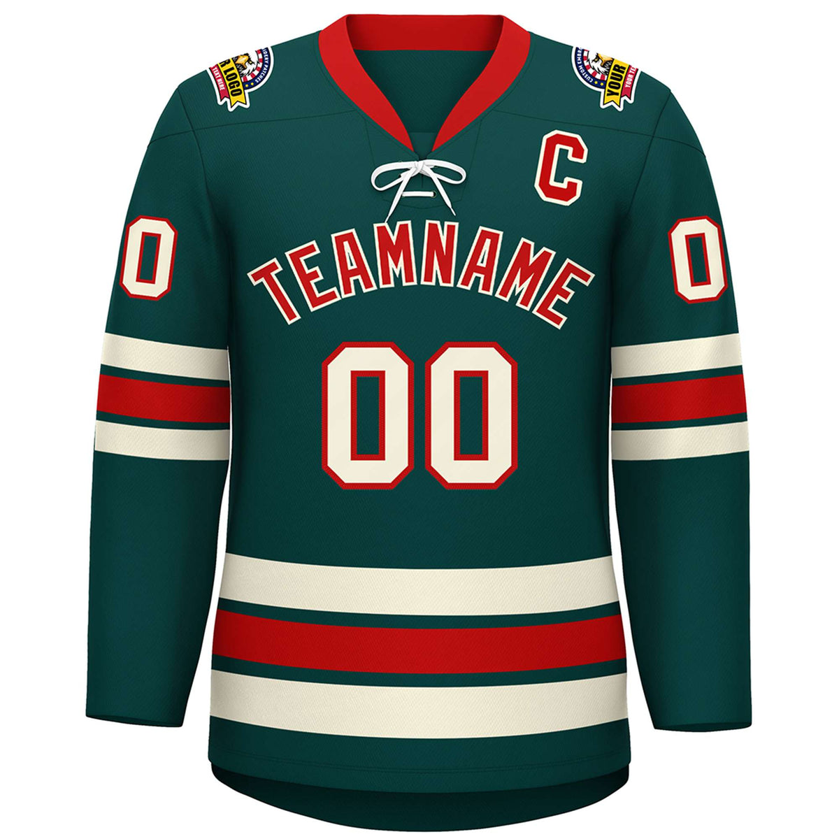 Custom Midnight Green Red-Cream Lace-Up Neck Hockey Jersey | KXKSHOP