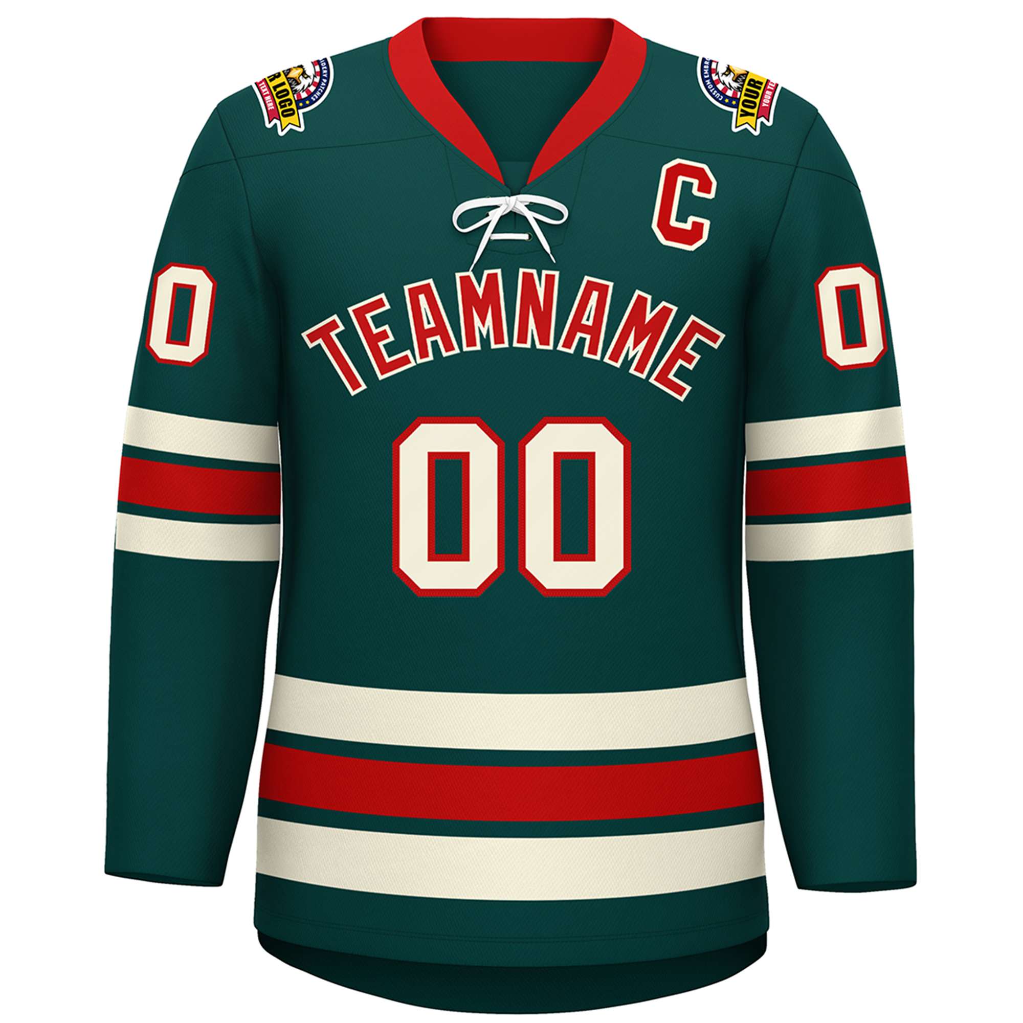 Custom Midnight Green Red-Cream Lace-Up Neck Hockey Jersey | KXKSHOP