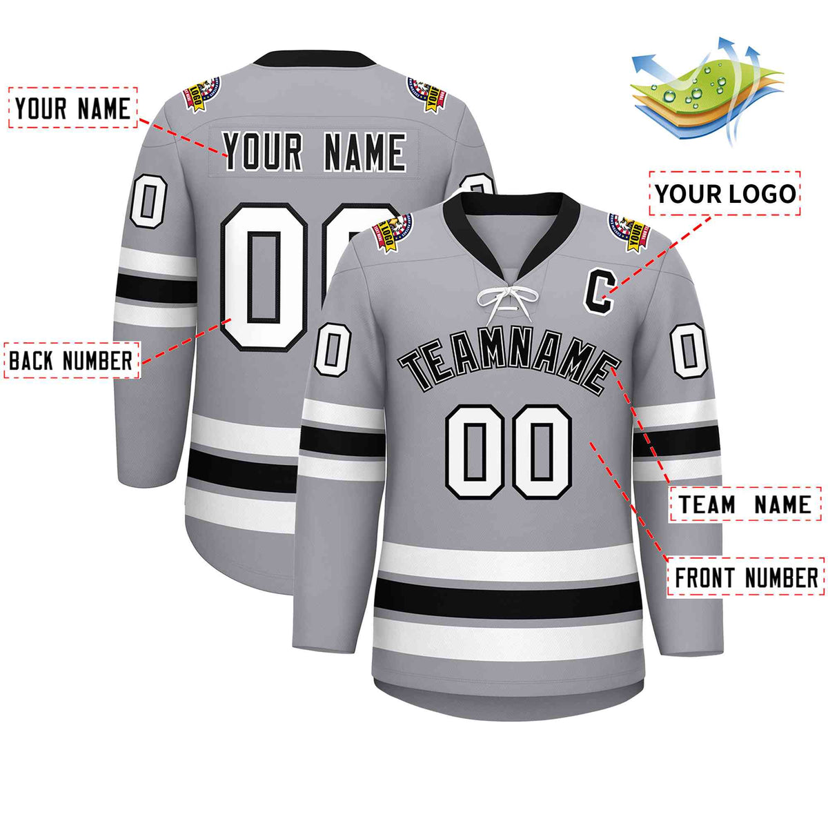 Custom Gray Black-White Lace-Up Neck Hockey Jersey | KXKSHOP