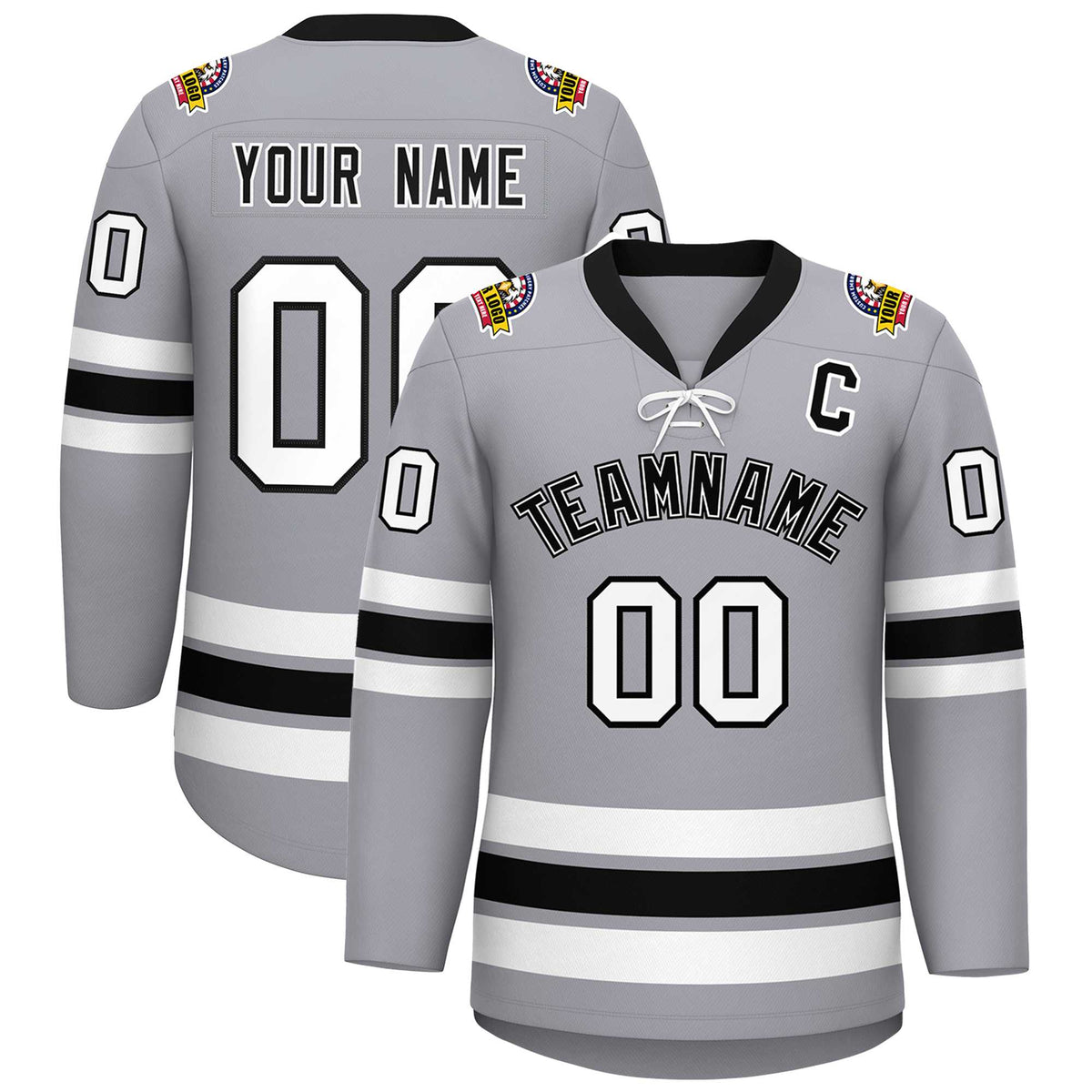 Custom Gray Black-White Lace-Up Neck Hockey Jersey | KXKSHOP
