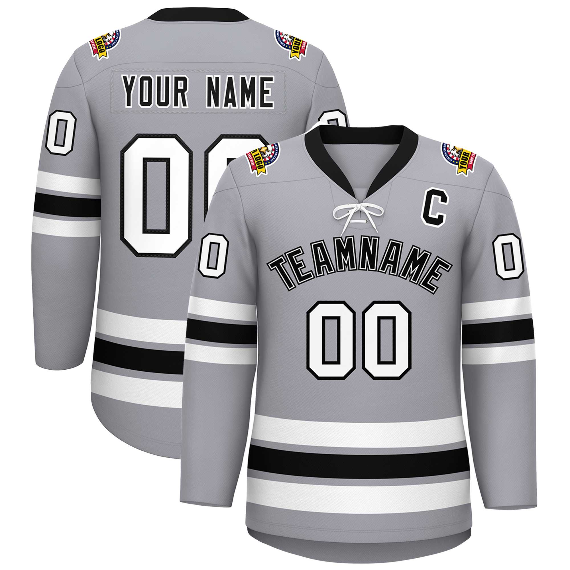 Custom Gray Black-White Lace-Up Neck Hockey Jersey | KXKSHOP