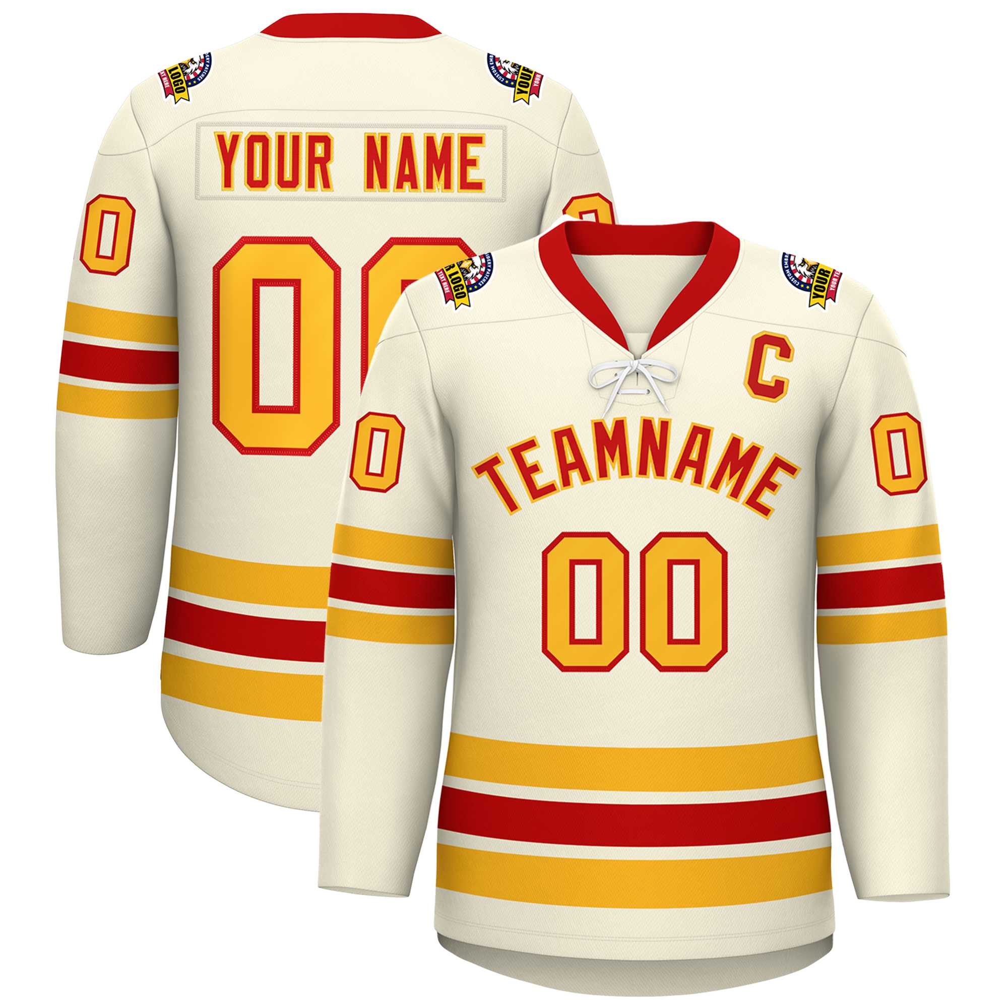 Custom Cream Red-Yellow Lace-Up Neck Hockey Jersey | KXKSHOP