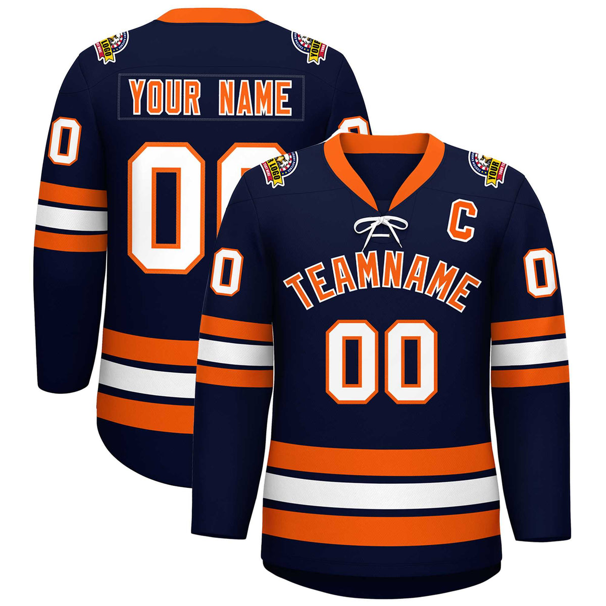 Custom Navy Orange-White Lace-Up Neck Hockey Jersey | KXKSHOP