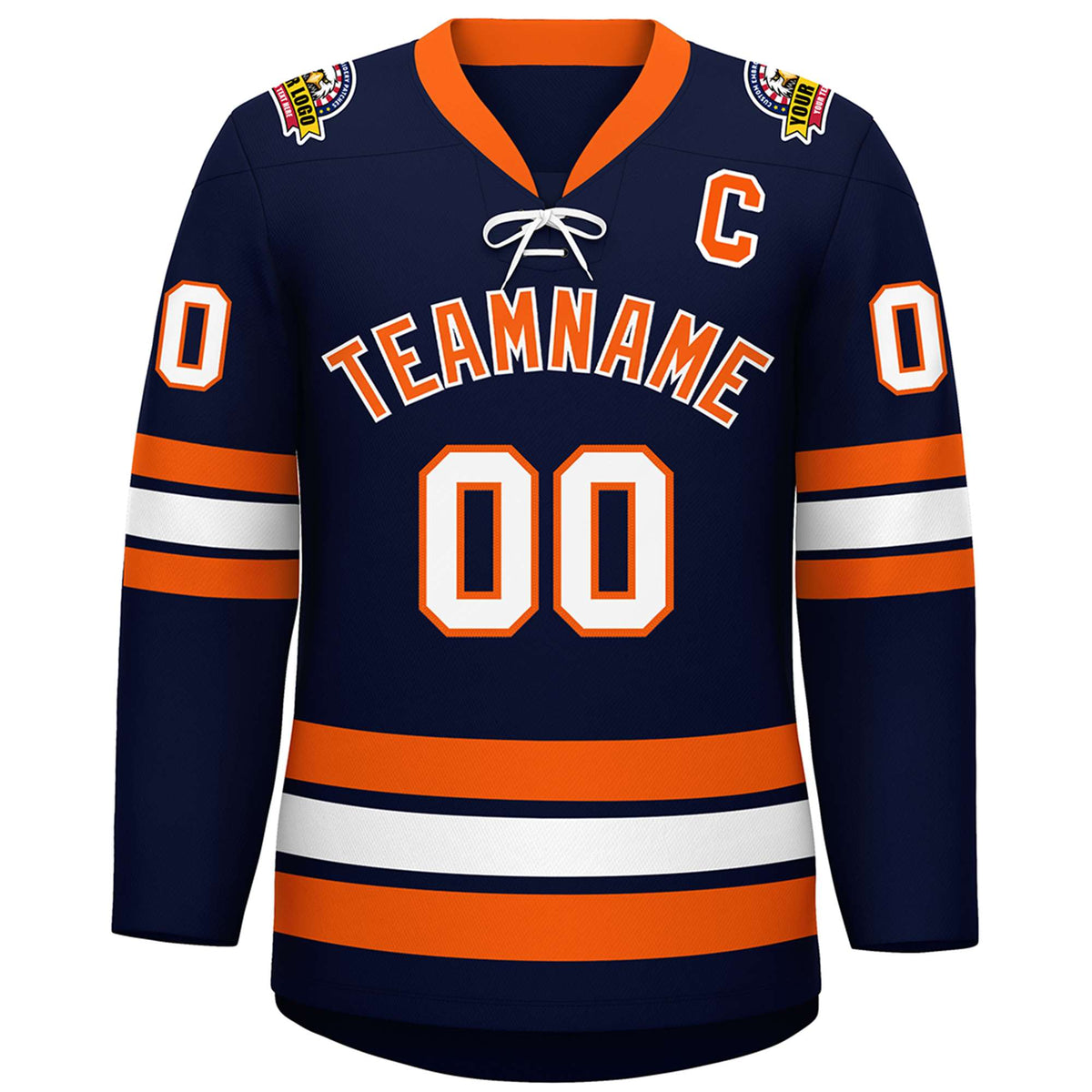 Custom Navy Orange-White Lace-Up Neck Hockey Jersey | KXKSHOP