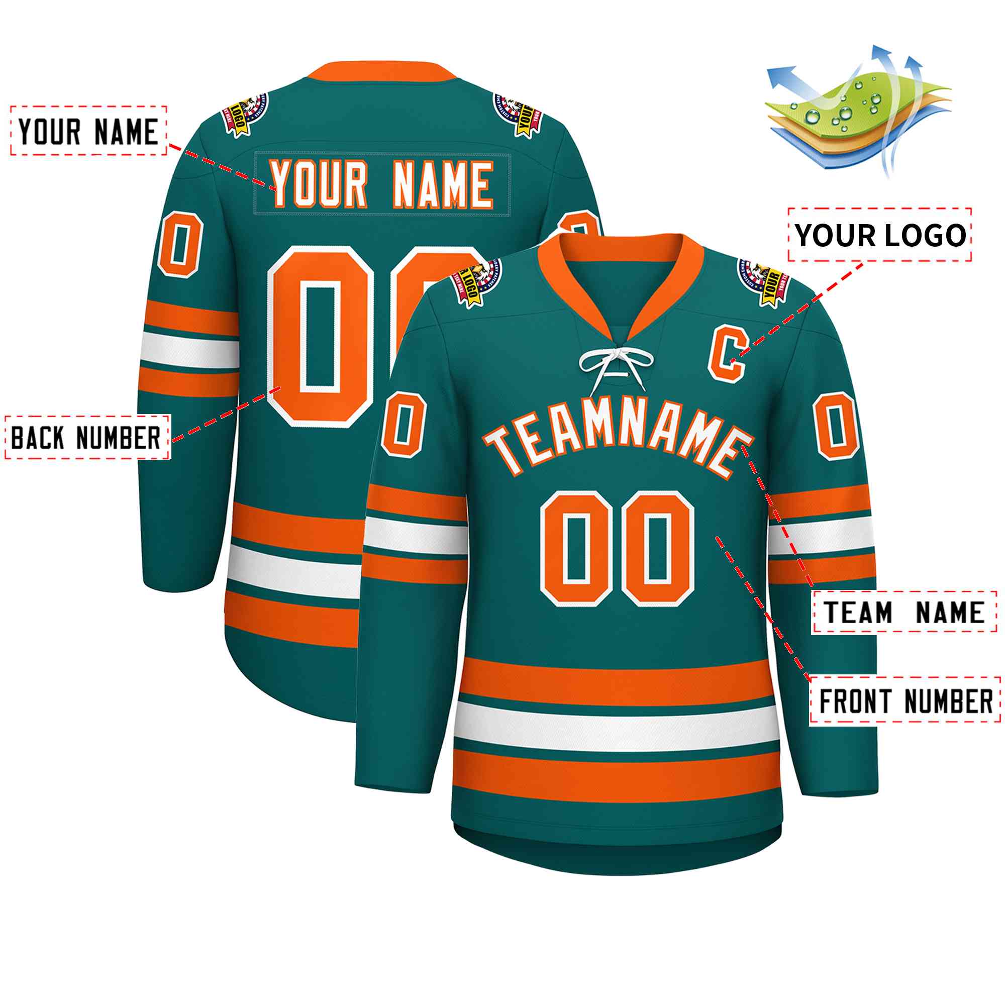 Custom Aqua White-Orange Lace-Up Neck Hockey Jersey | KXKSHOP