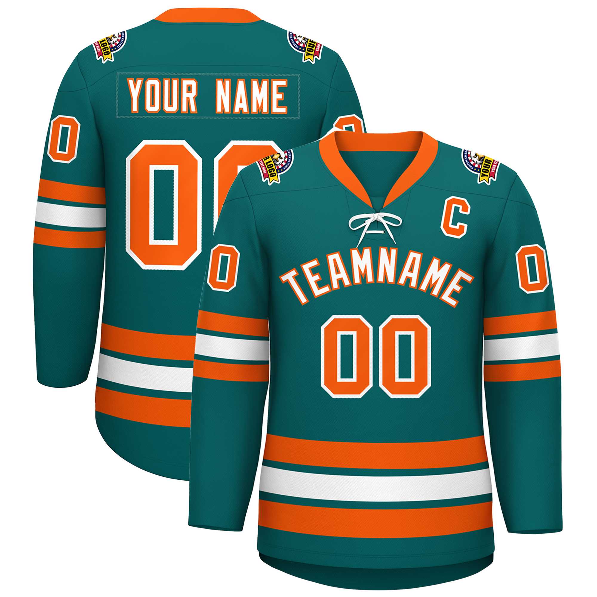 Custom Aqua White-Orange Lace-Up Neck Hockey Jersey | KXKSHOP