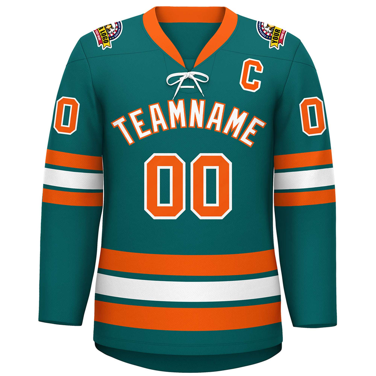 Custom Aqua White-Orange Lace-Up Neck Hockey Jersey | KXKSHOP