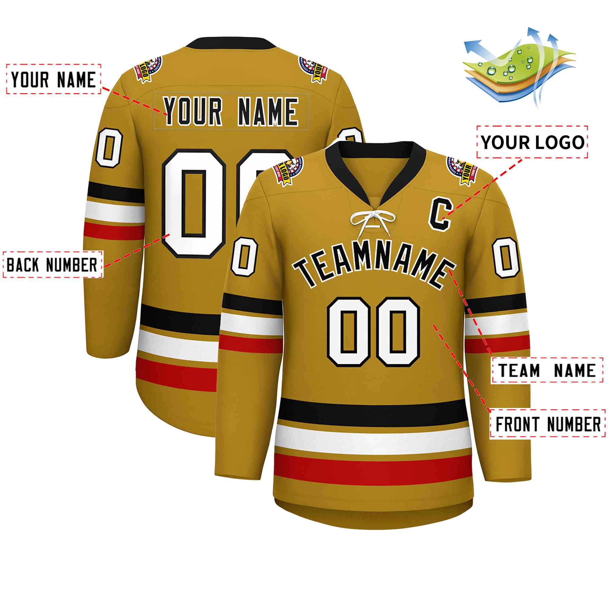 Custom Old Gold Black-White Lace-Up Neck Hockey Jersey | KXKSHOP