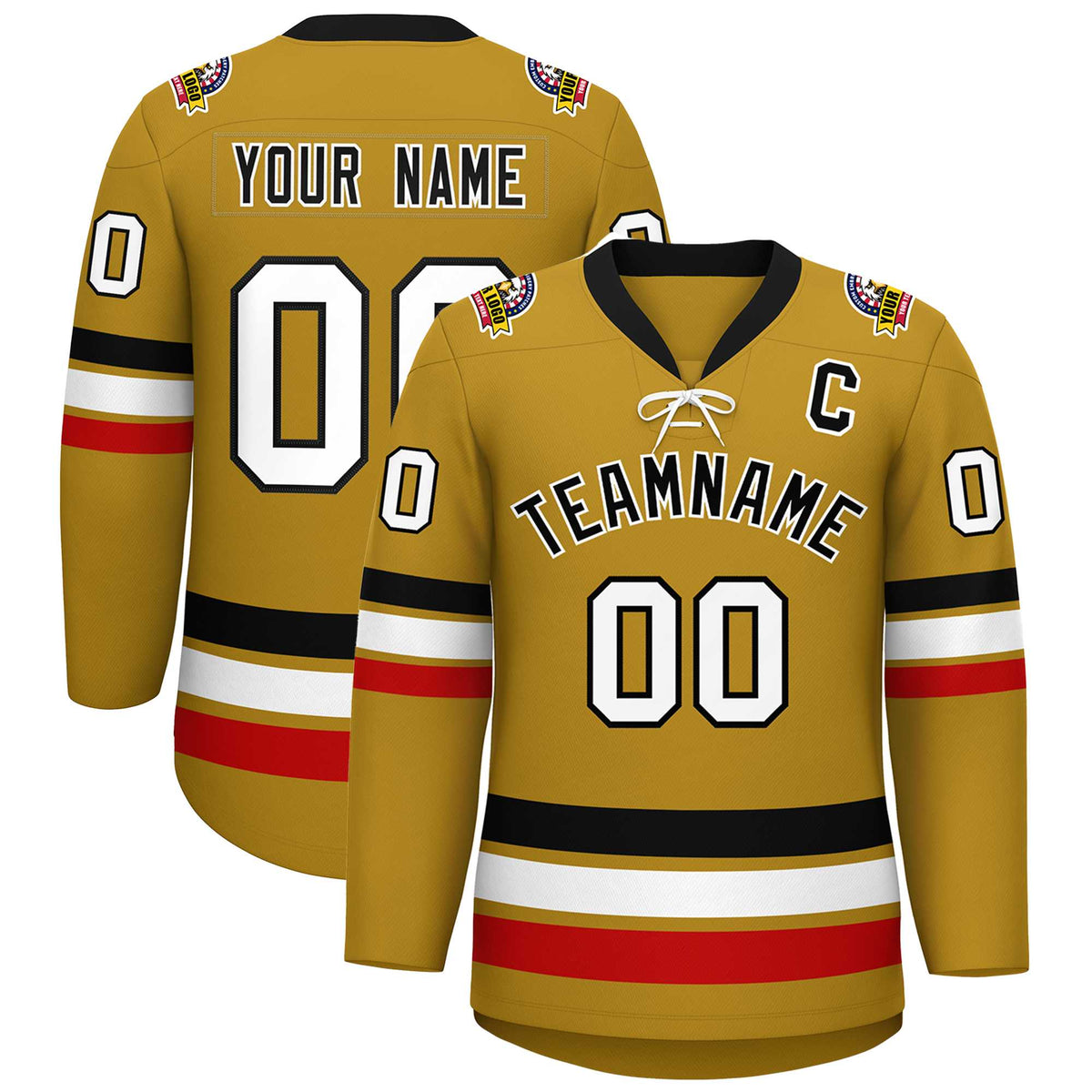 Custom Old Gold Black-White Lace-Up Neck Hockey Jersey | KXKSHOP