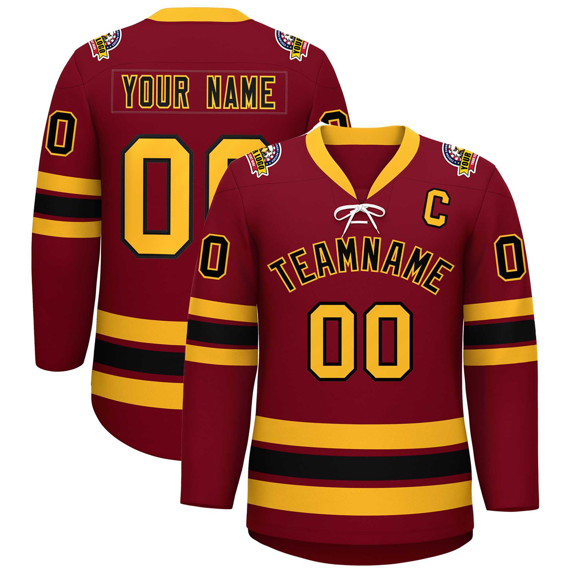 Custom Crimson Black-Yellow Lace-Up Neck Hockey Jersey | KXKSHOP