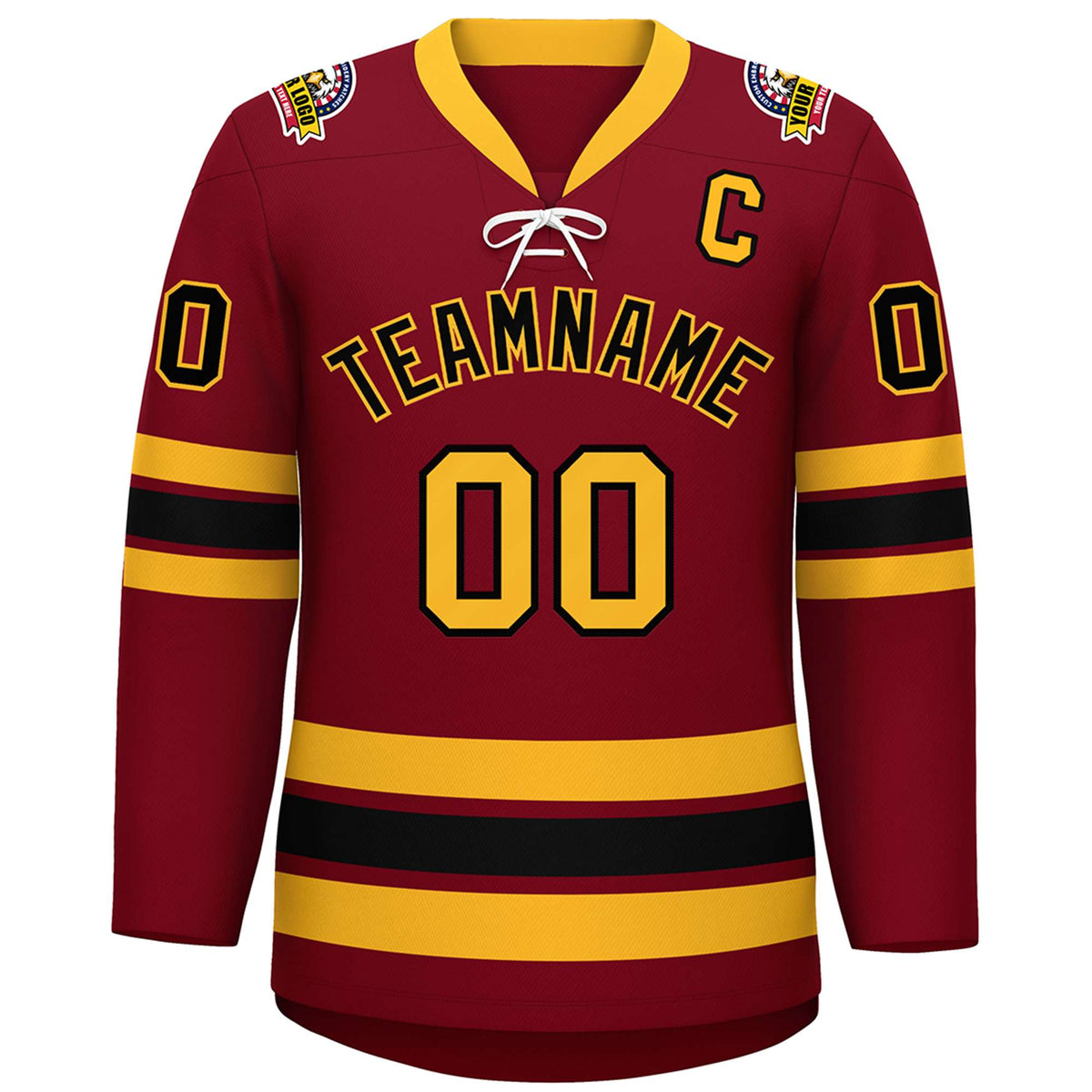 Custom Crimson Black-Yellow Lace-Up Neck Hockey Jersey | KXKSHOP