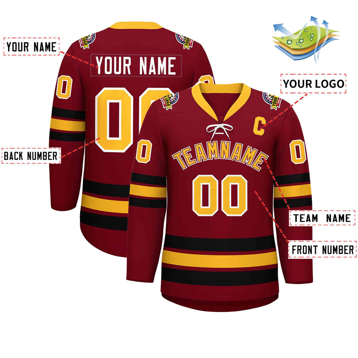 Custom Crimson Yellow-Black Lace-Up Neck Hockey Jersey | KXKSHOP