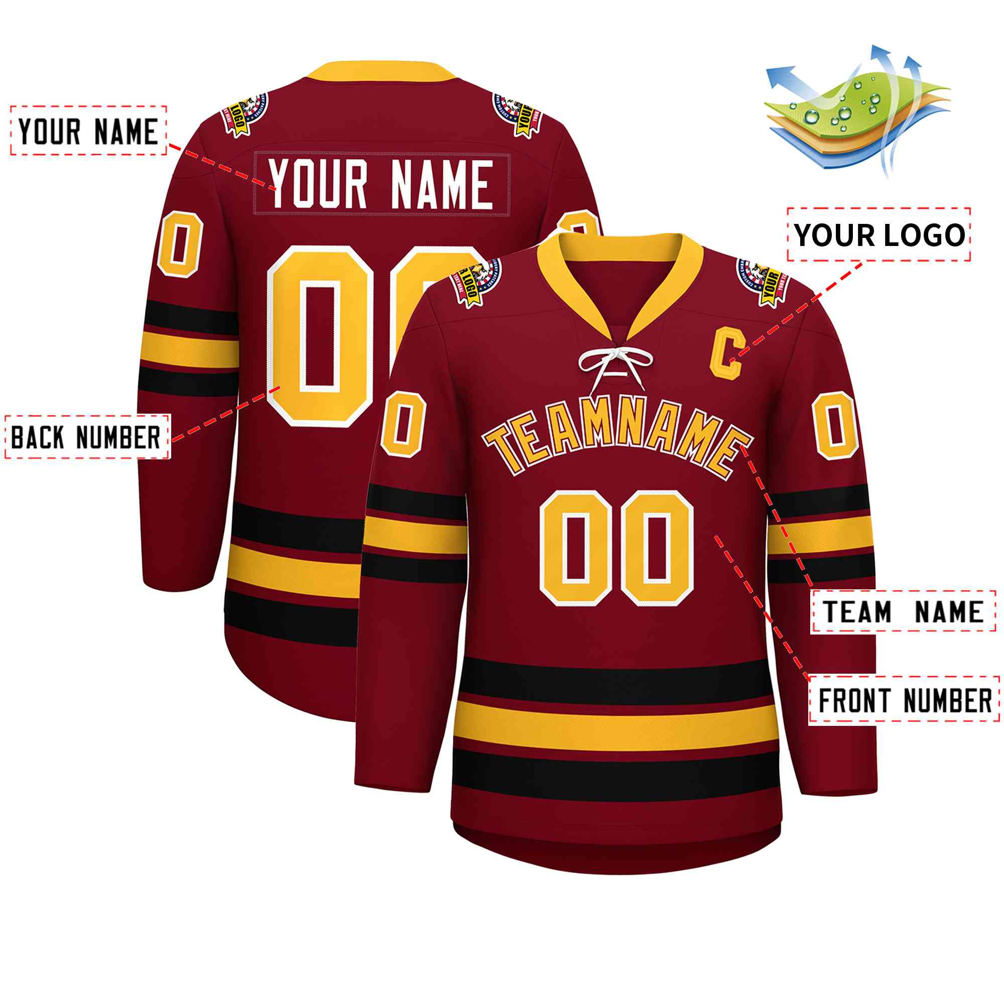 Custom Crimson Yellow-Black Lace-Up Neck Hockey Jersey | KXKSHOP