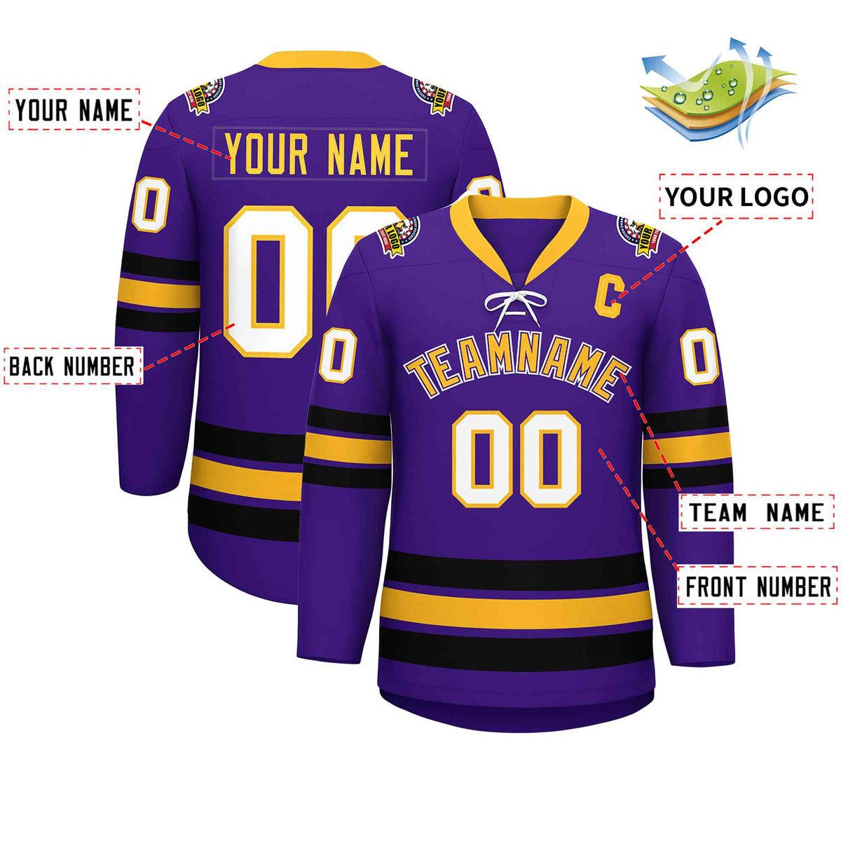 Custom Purple Yellow-Black Lace-Up Neck Hockey Jersey | KXKSHOP