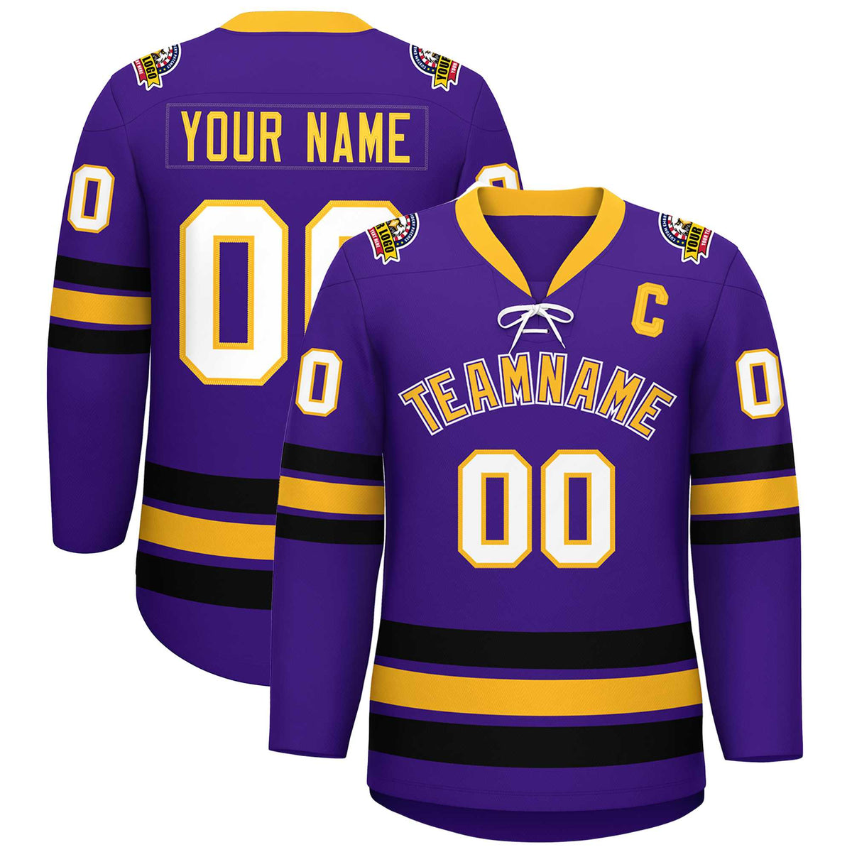 Custom Purple Yellow-Black Lace-Up Neck Hockey Jersey | KXKSHOP