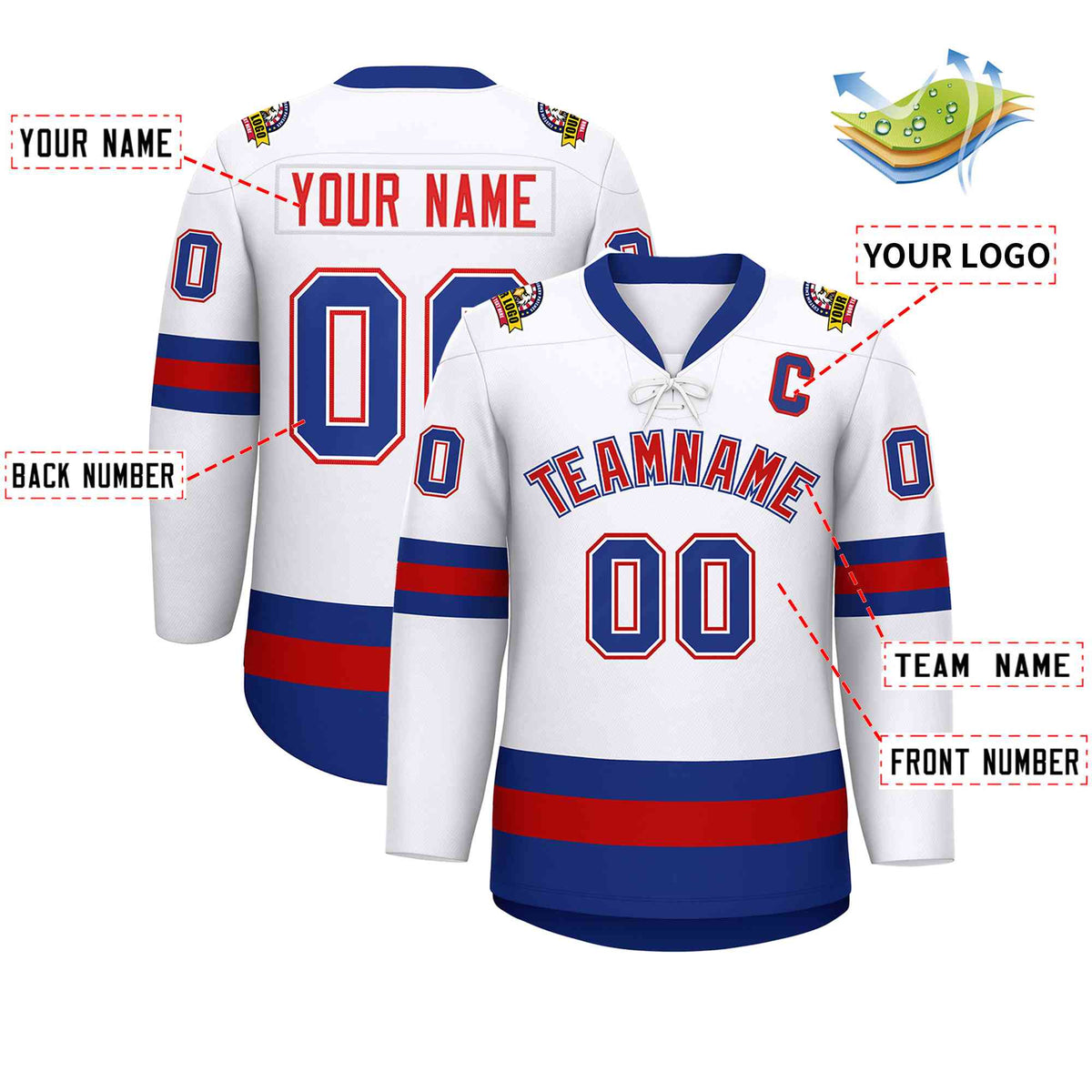 Custom White Red-Royal Lace-Up Neck Hockey Jersey | KXKSHOP