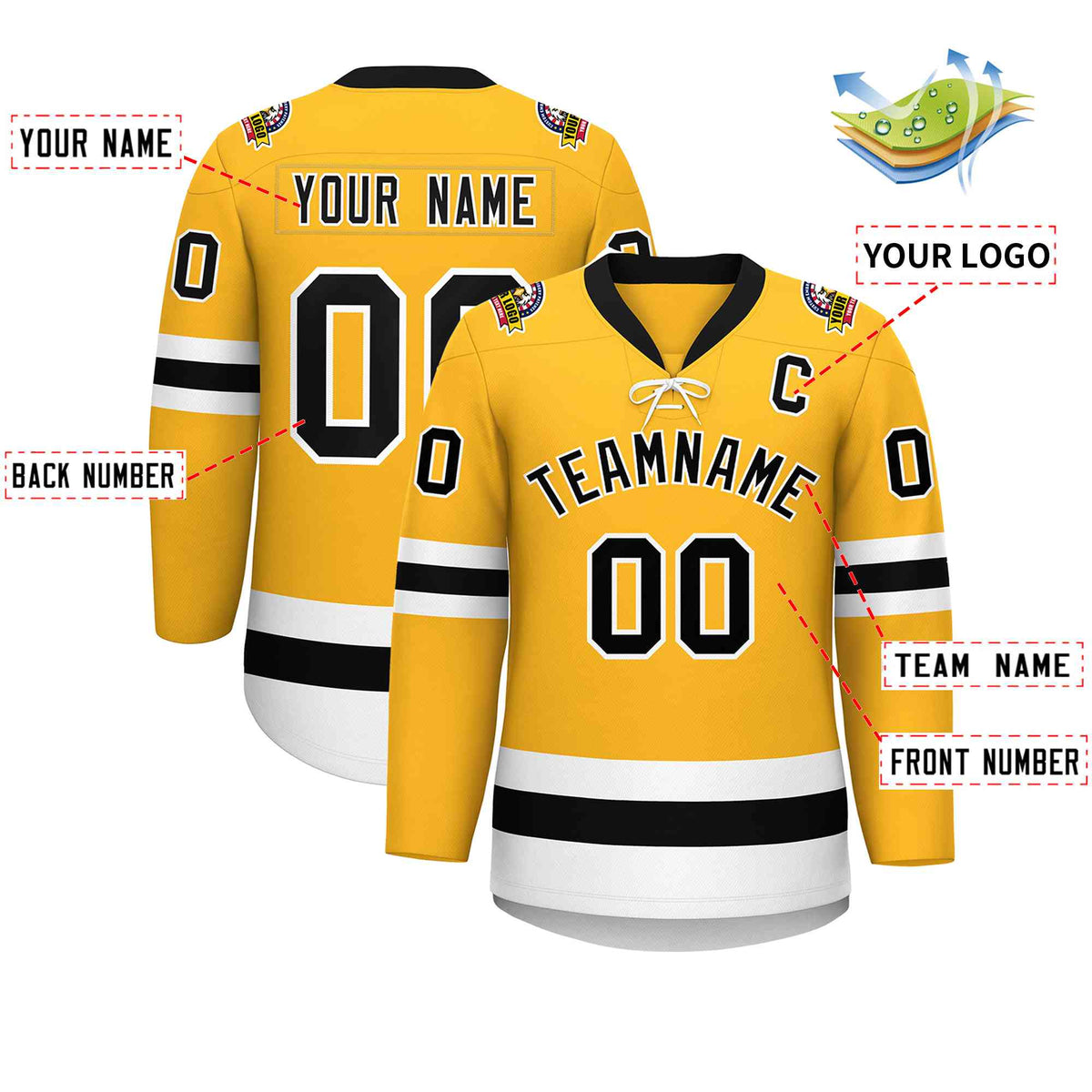 Custom Gold Black-White Lace-Up Neck Hockey Jersey | KXKSHOP