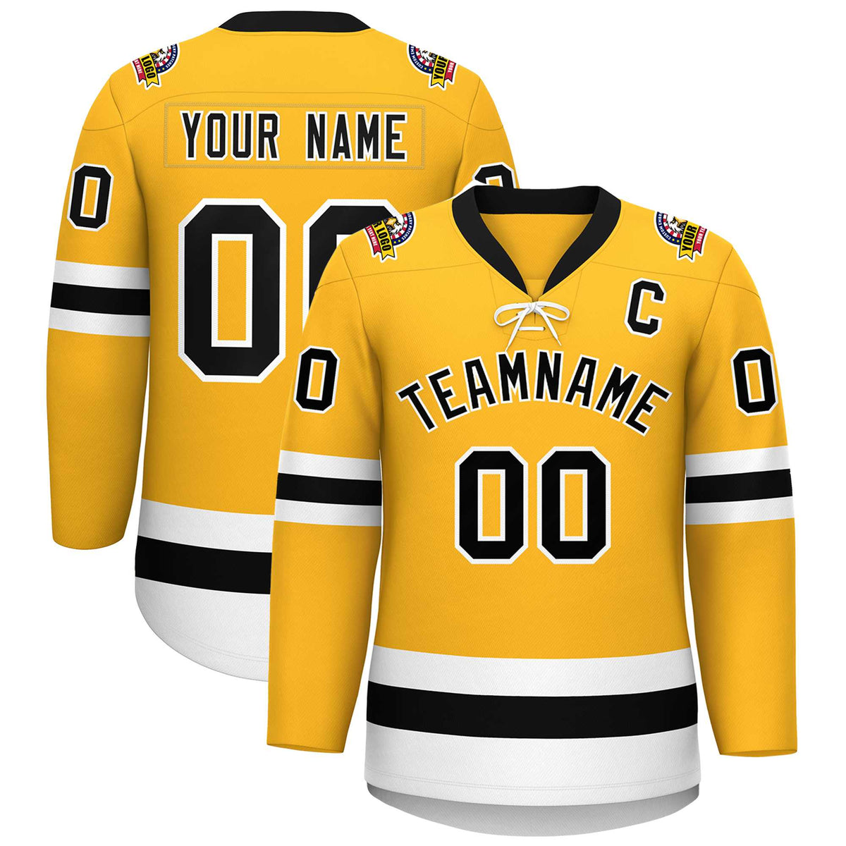 Custom Gold Black-White Lace-Up Neck Hockey Jersey | KXKSHOP