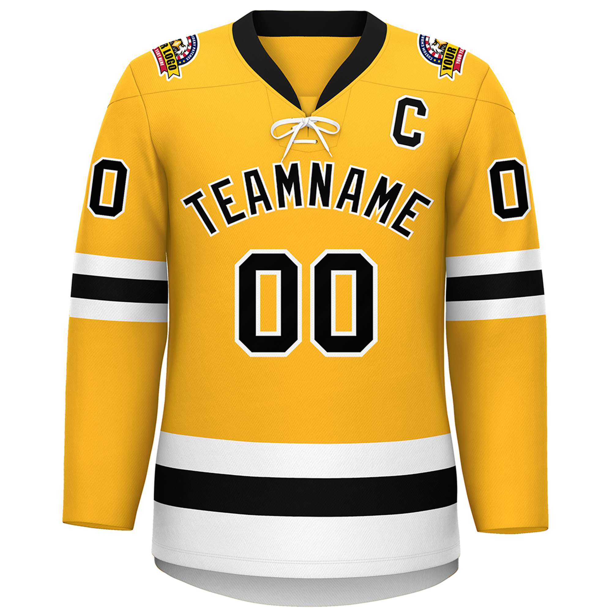 Custom Gold Black-White Lace-Up Neck Hockey Jersey | KXKSHOP