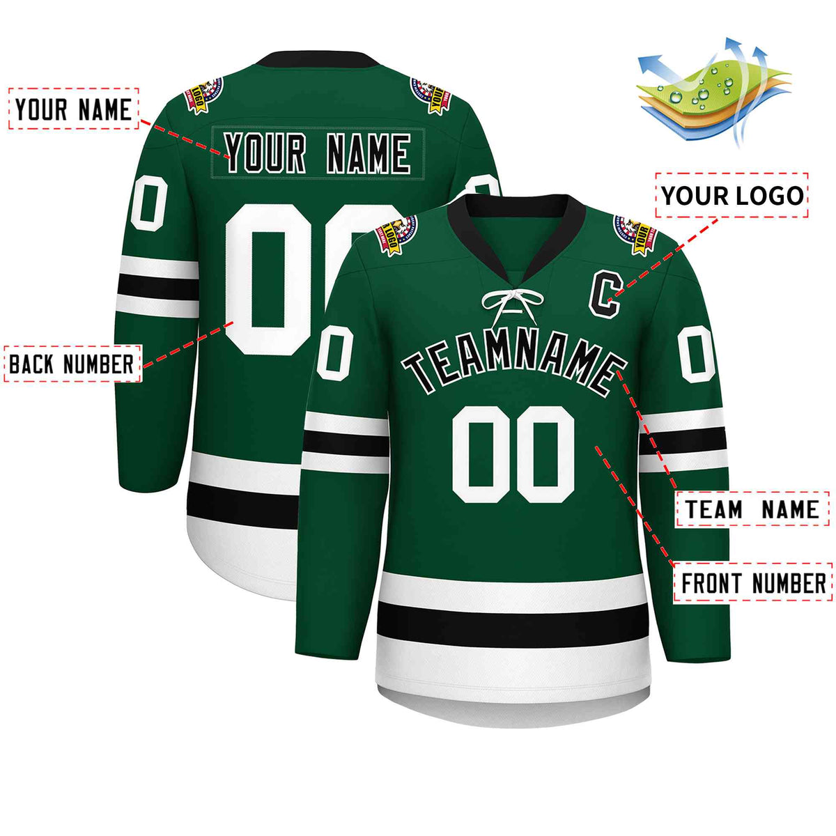 Custom Green Black-White Lace-Up Neck Hockey Jersey | KXKSHOP