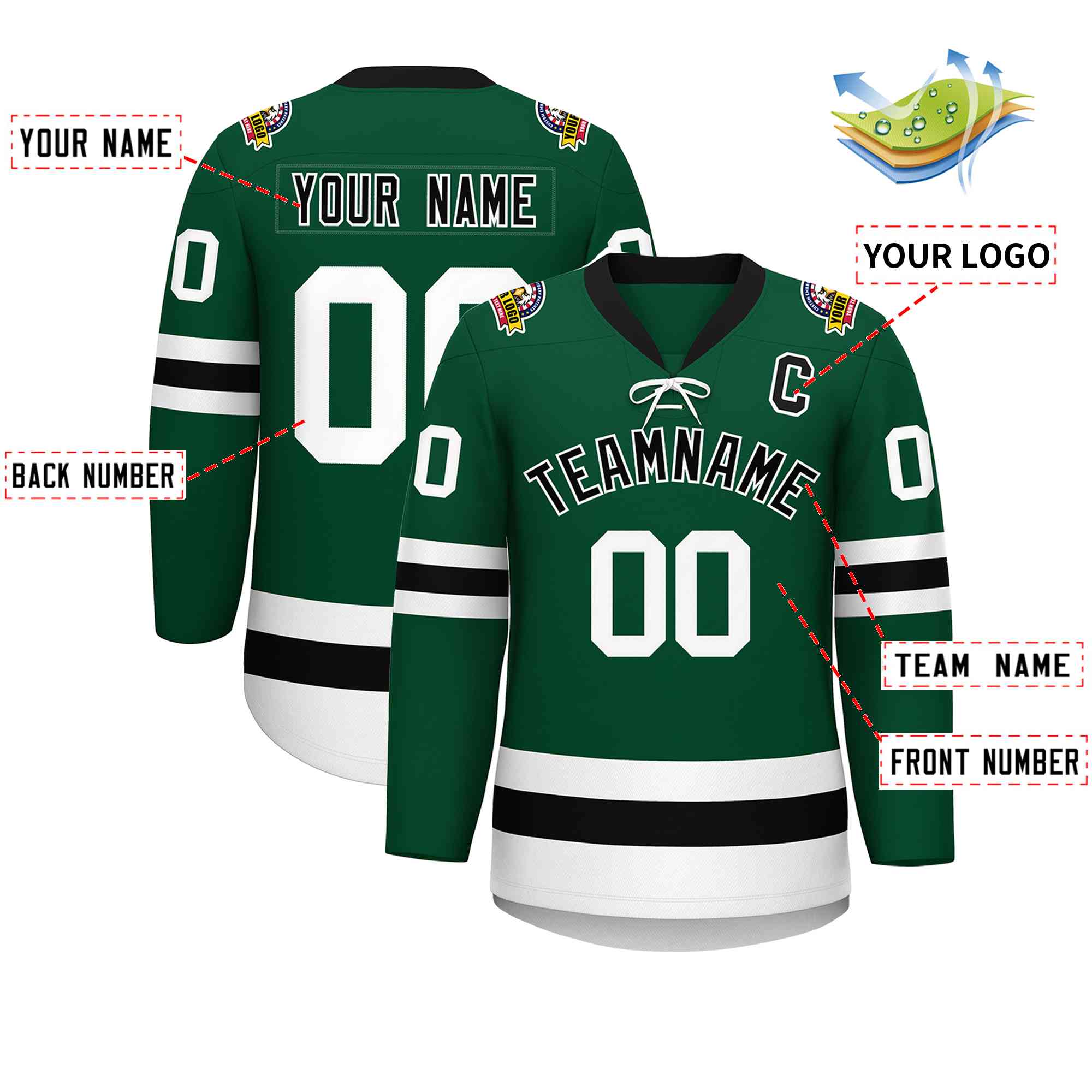 Custom Green Black-White Lace-Up Neck Hockey Jersey | KXKSHOP