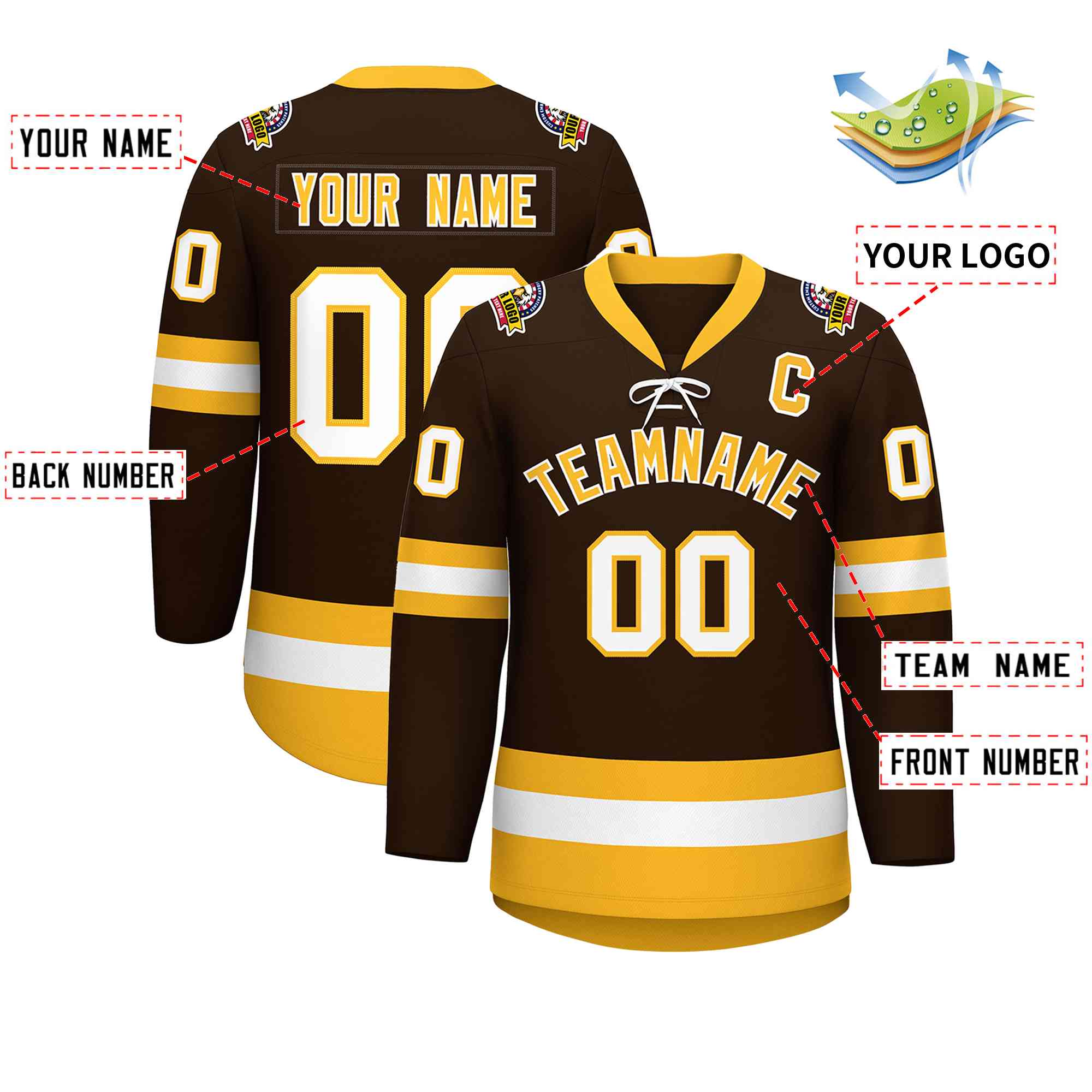 Custom Brown Gold-White Lace-Up Neck Hockey Jersey | KXKSHOP