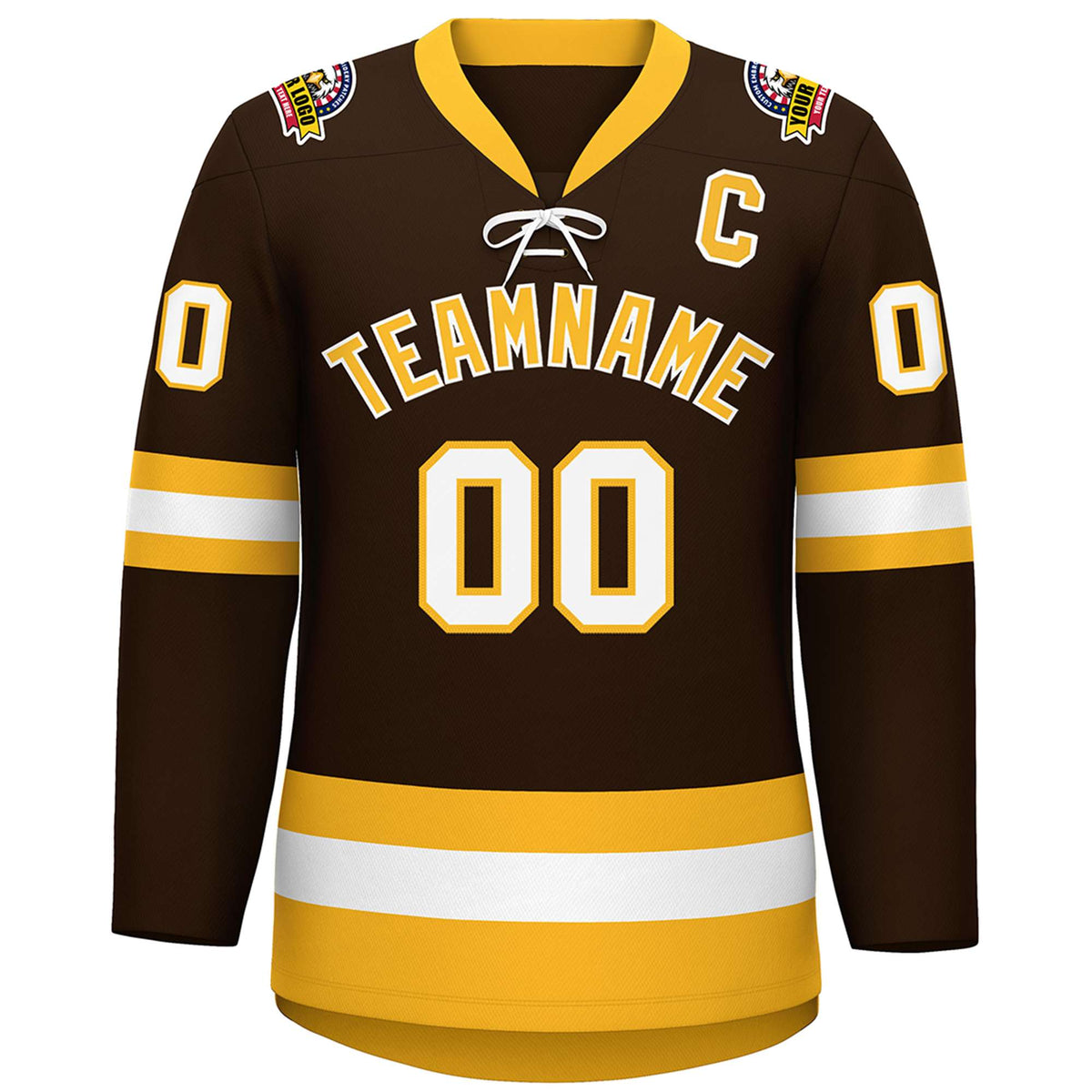 Custom Brown Gold-White Lace-Up Neck Hockey Jersey | KXKSHOP