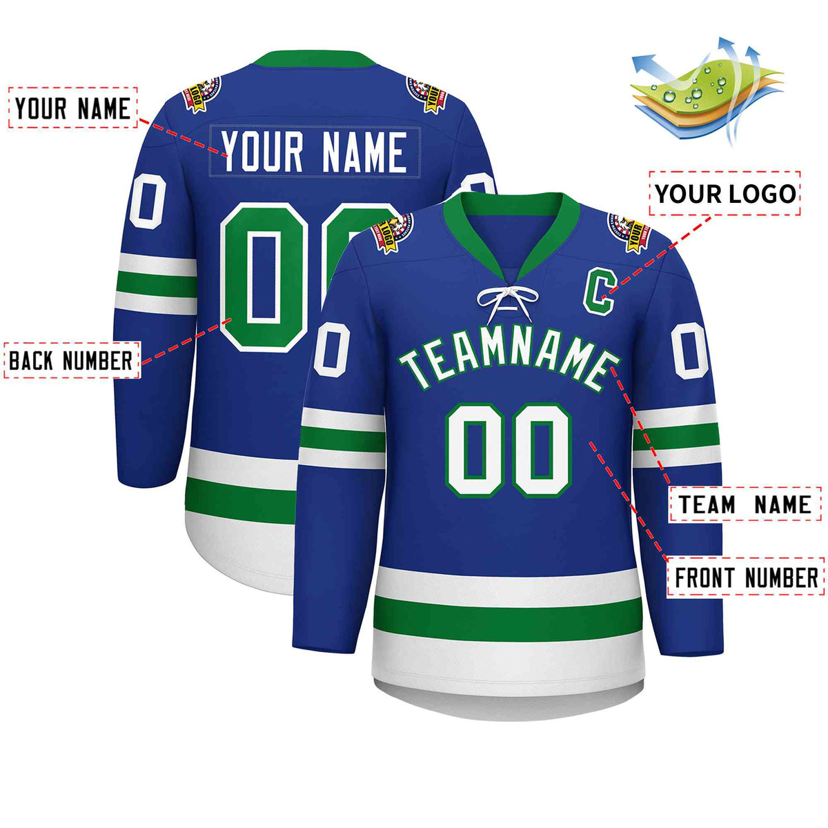 Custom Royal Kelly Green-White Lace-Up Neck Hockey Jersey | KXKSHOP