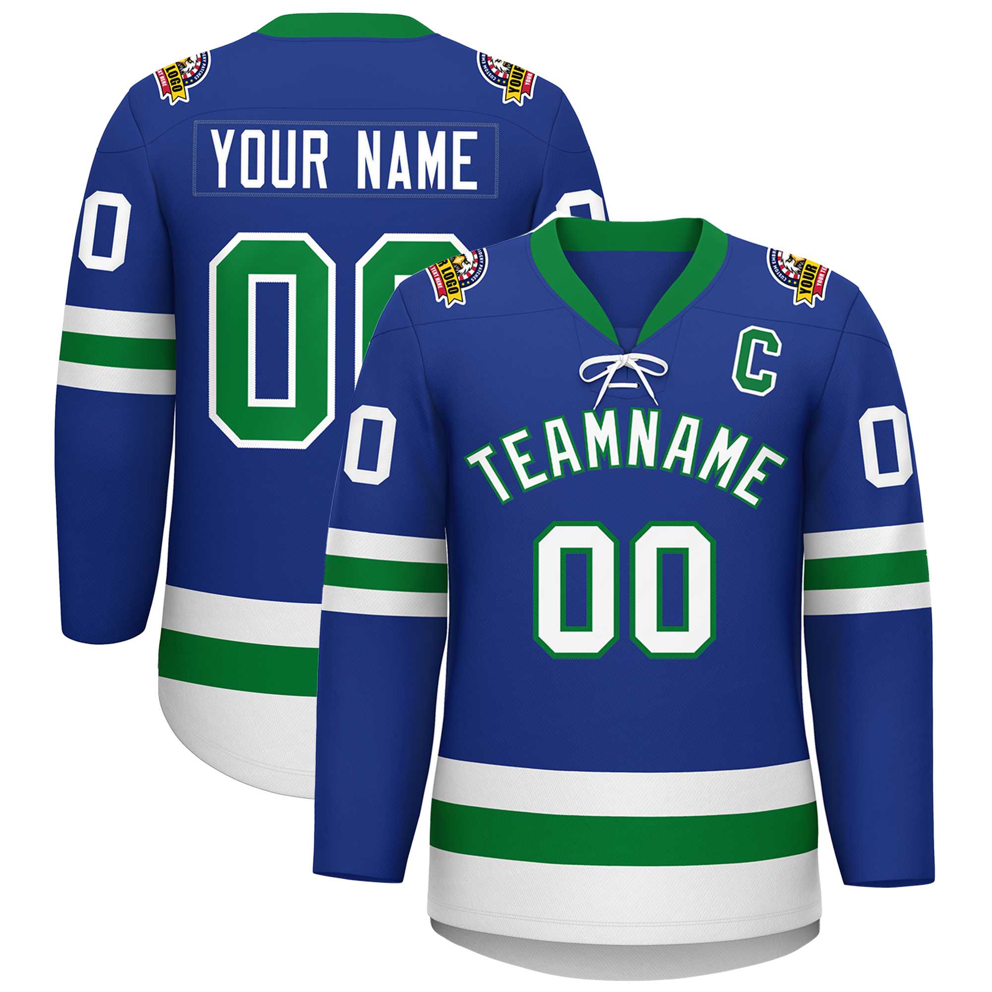 Custom Royal Kelly Green-White Lace-Up Neck Hockey Jersey | KXKSHOP