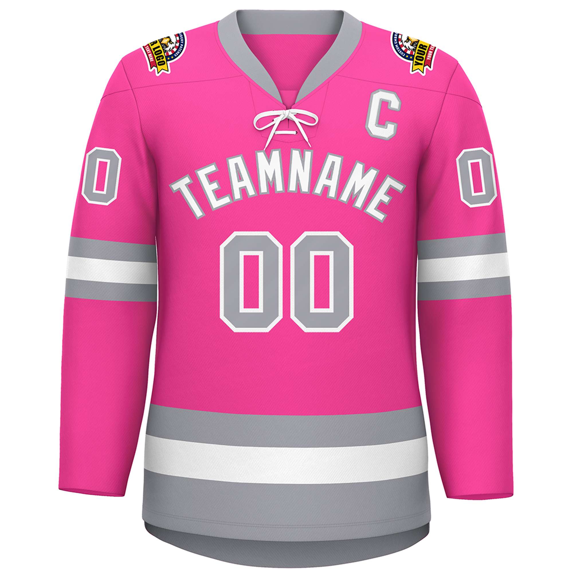 Custom Pink White-Gray Lace-Up Neck Hockey Jersey | KXKSHOP