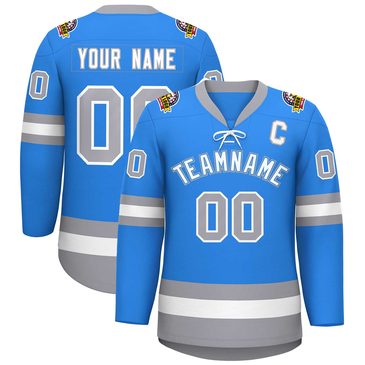 Custom Powder Blue White-Gray Lace-Up Neck Hockey Jersey | KXKSHOP
