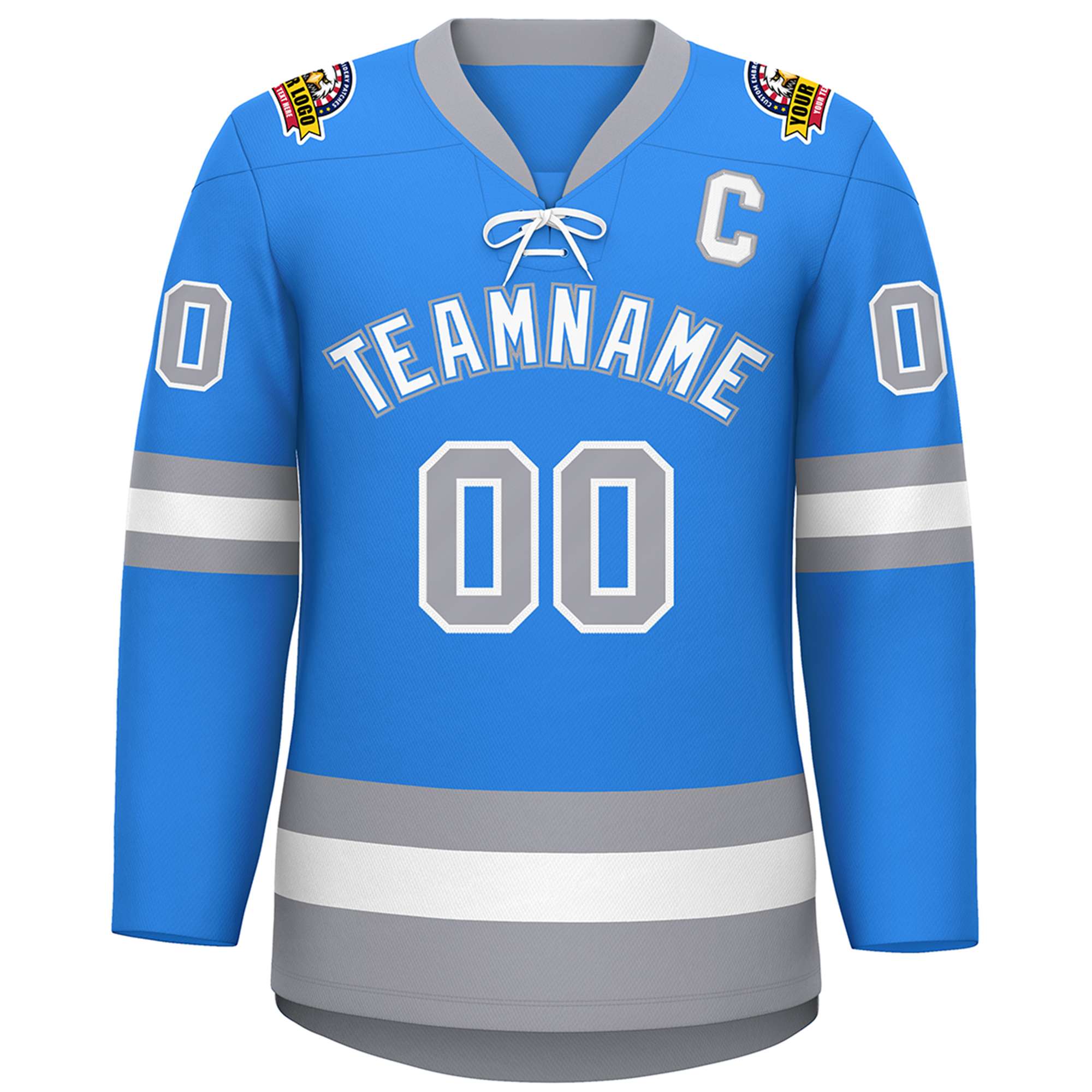 Custom Powder Blue White-Gray Lace-Up Neck Hockey Jersey | KXKSHOP